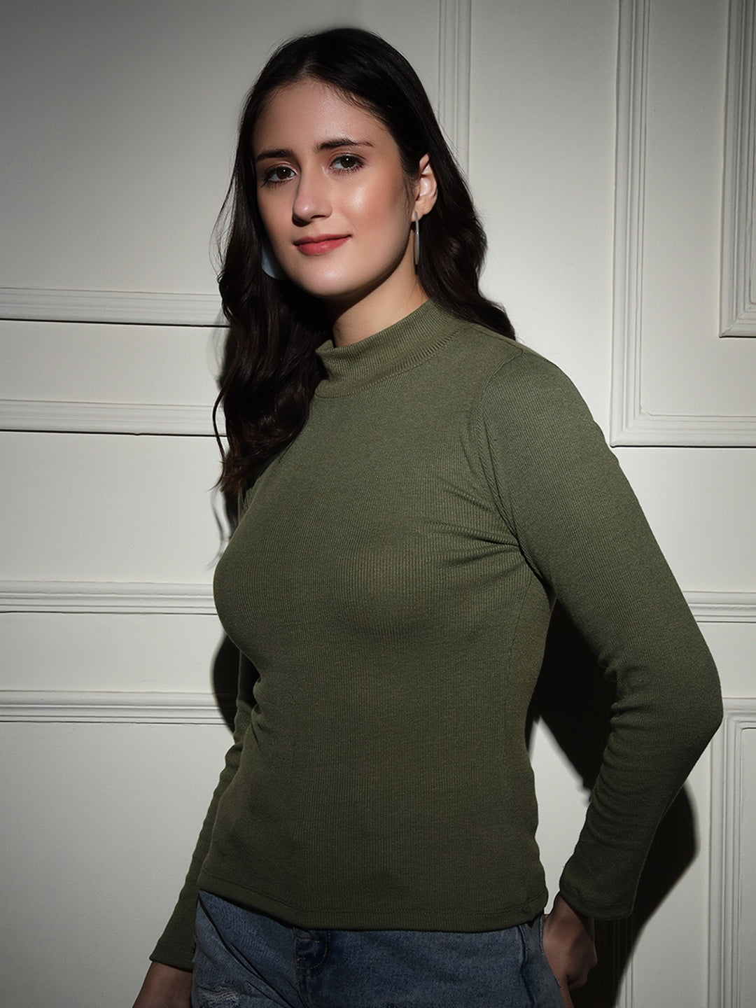 TANDUL  Women Solid High Neck Green Sweater
