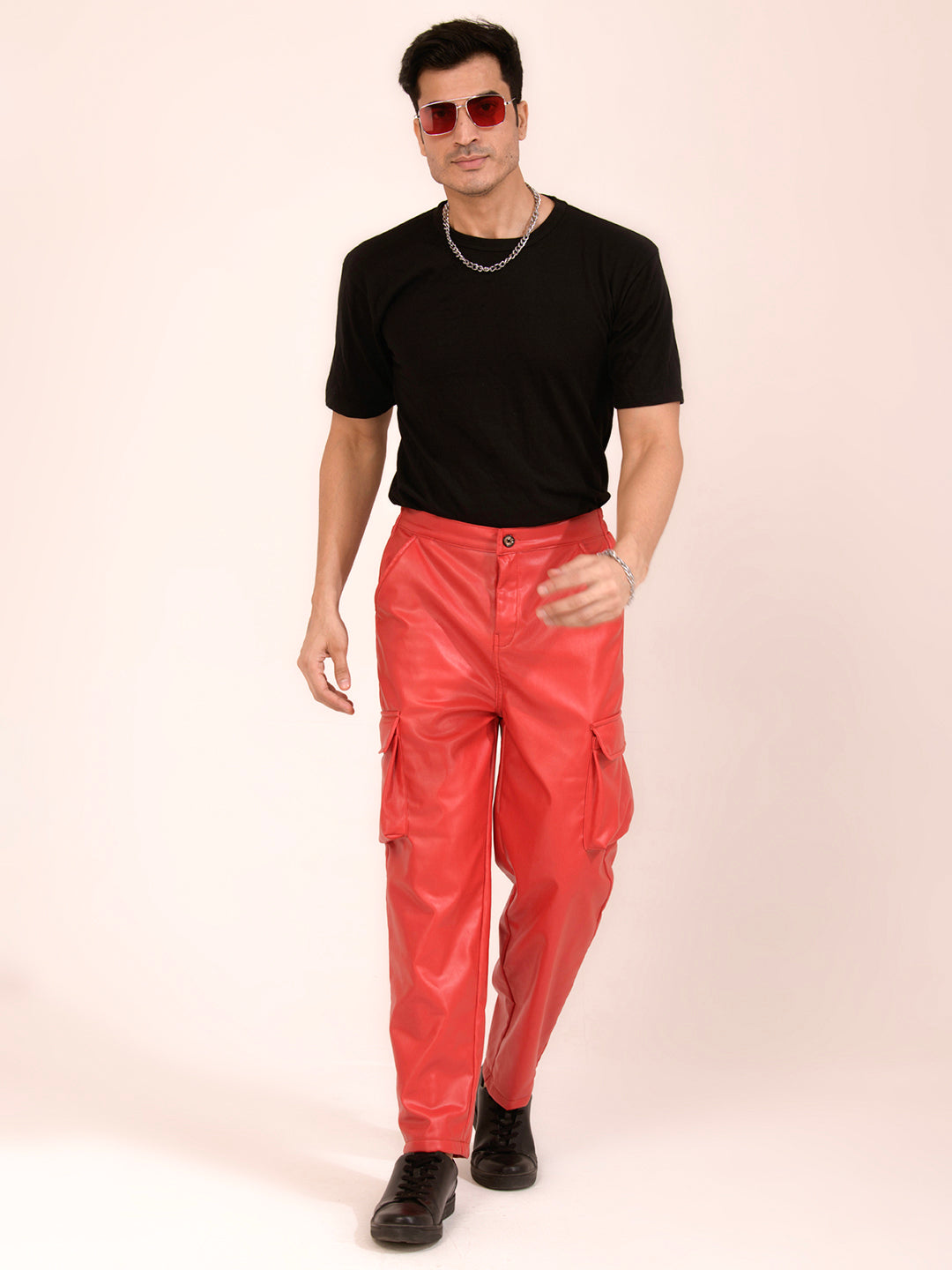 TANDUL  Men Regular Fit Red Faux Leather Trousers