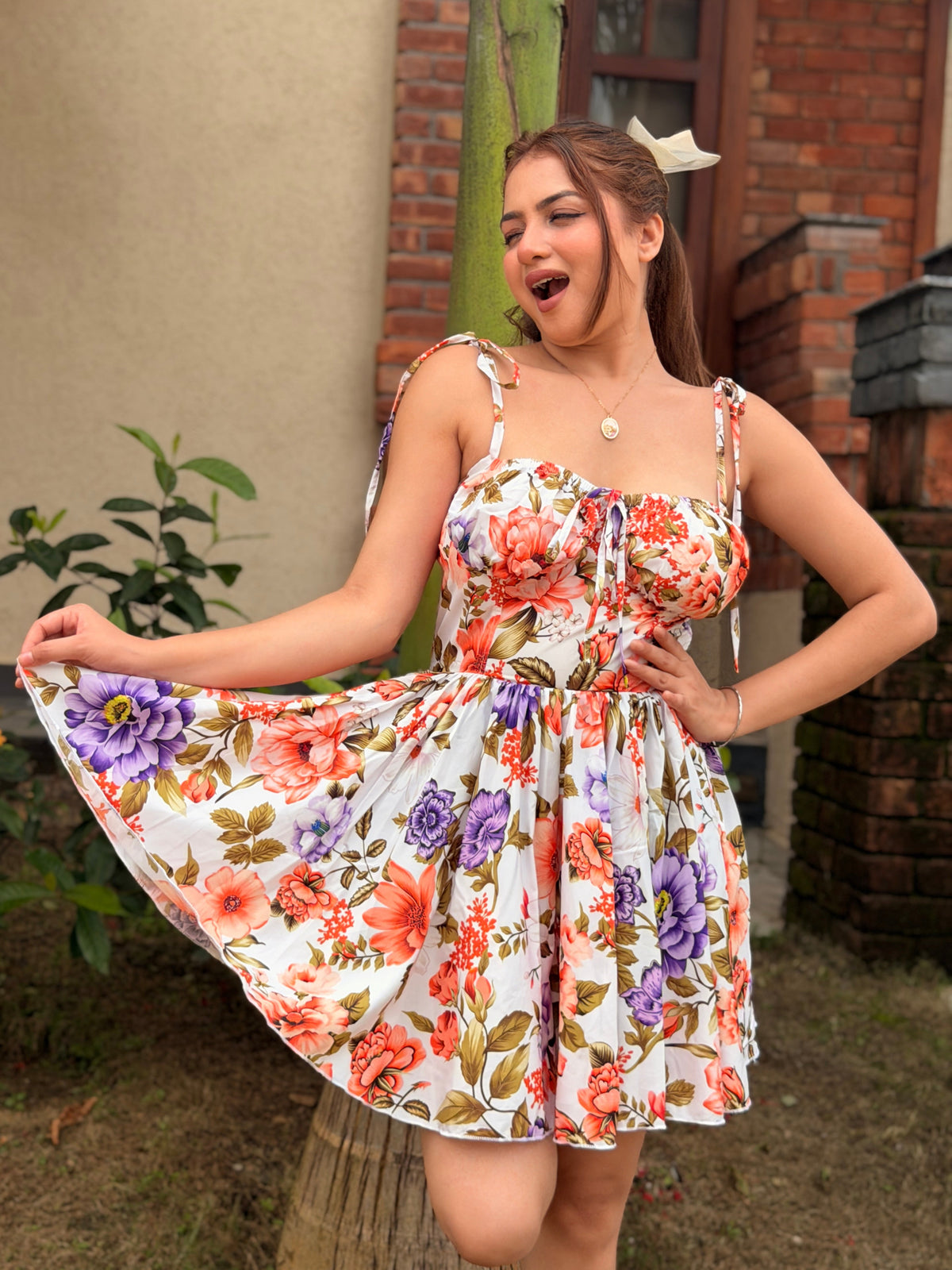 TANDUL Women White Floral Tie-Strap Mini Dress