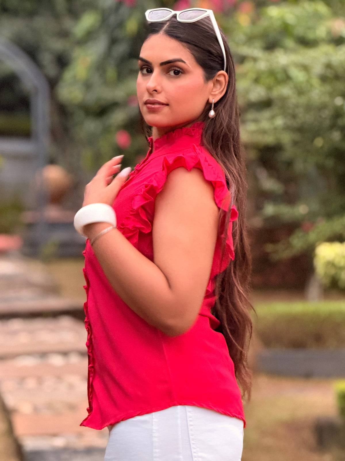 TANDUL Women Fuchsia Romantic Ruffle-Sleeve Shirt