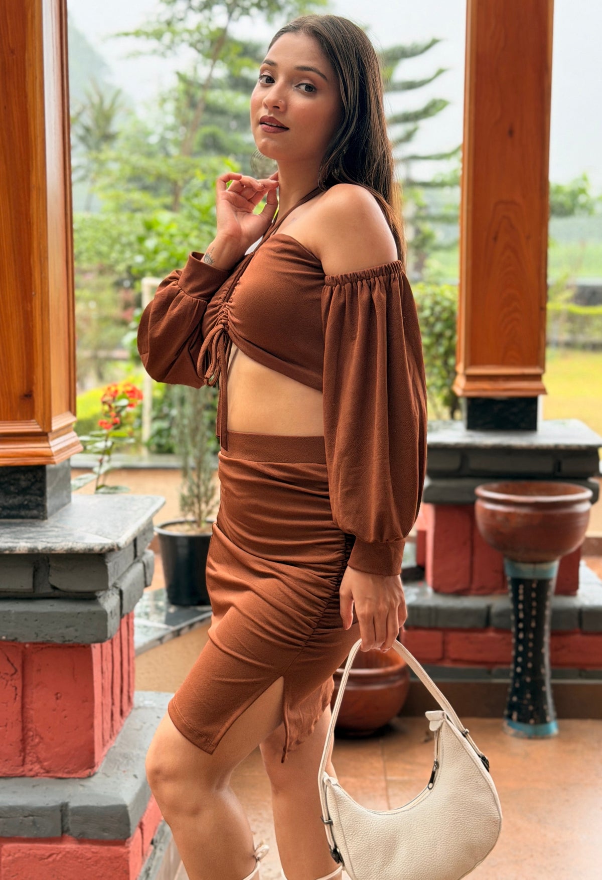 TANDUL Women Off-Shoulder Halter Crop Top and Mini Skirt Co-ord