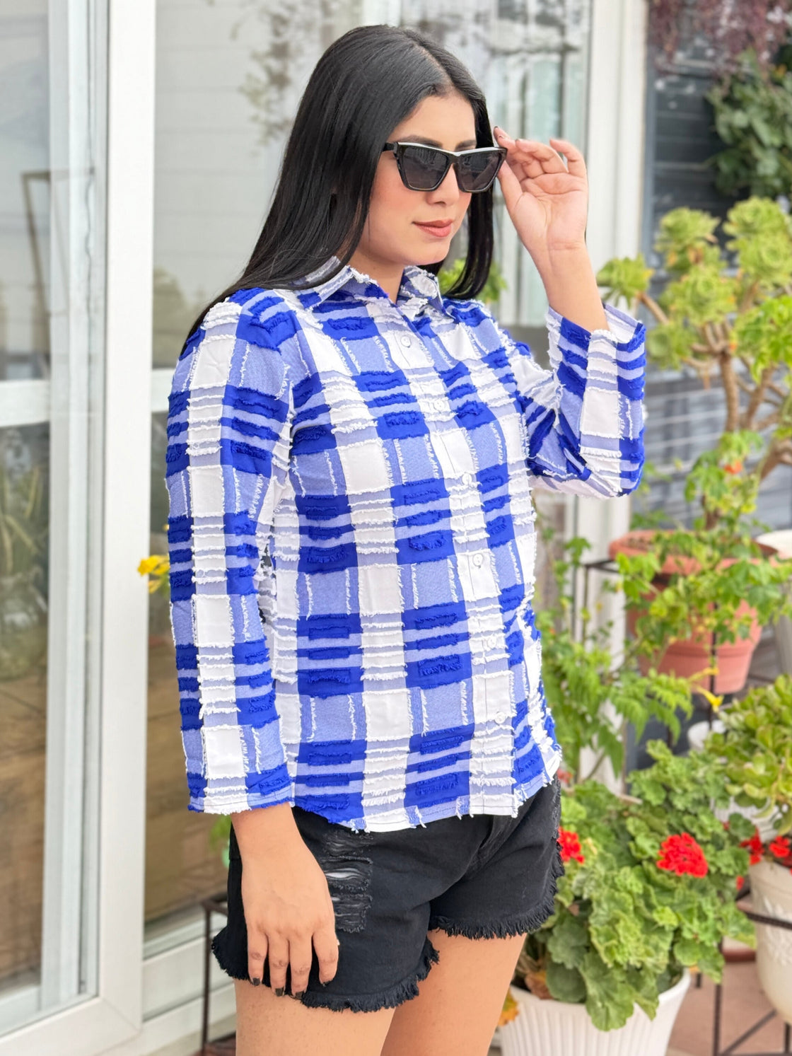 TANDUL Women Blue and white Plaid Shirt