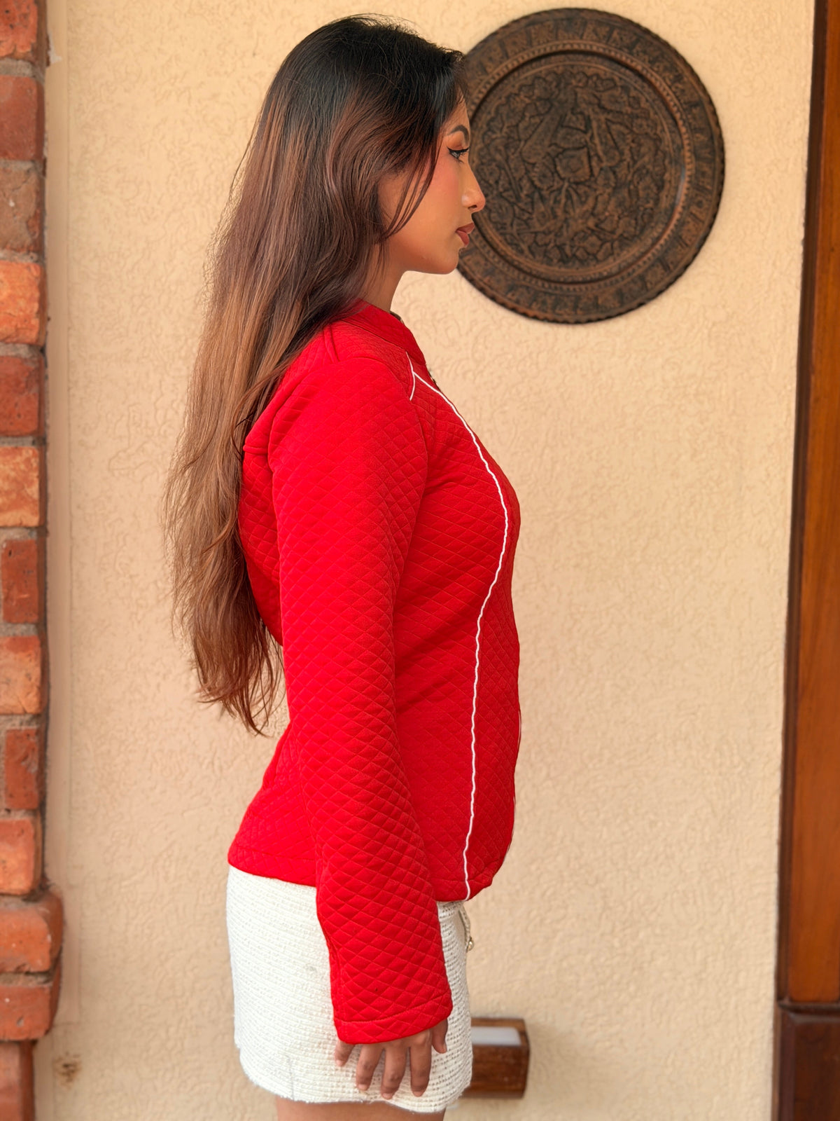 TANDUL Women Quilted Diamond-Stitch Red Zip-Up Jacket