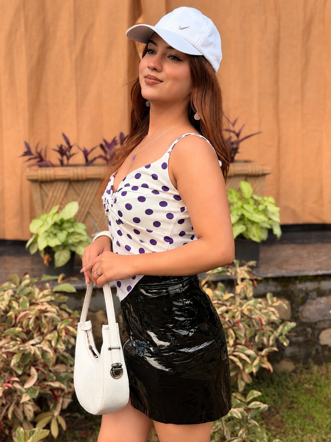 TANDUL Women Retro Purple & White Polka Dot Twist Crop Top