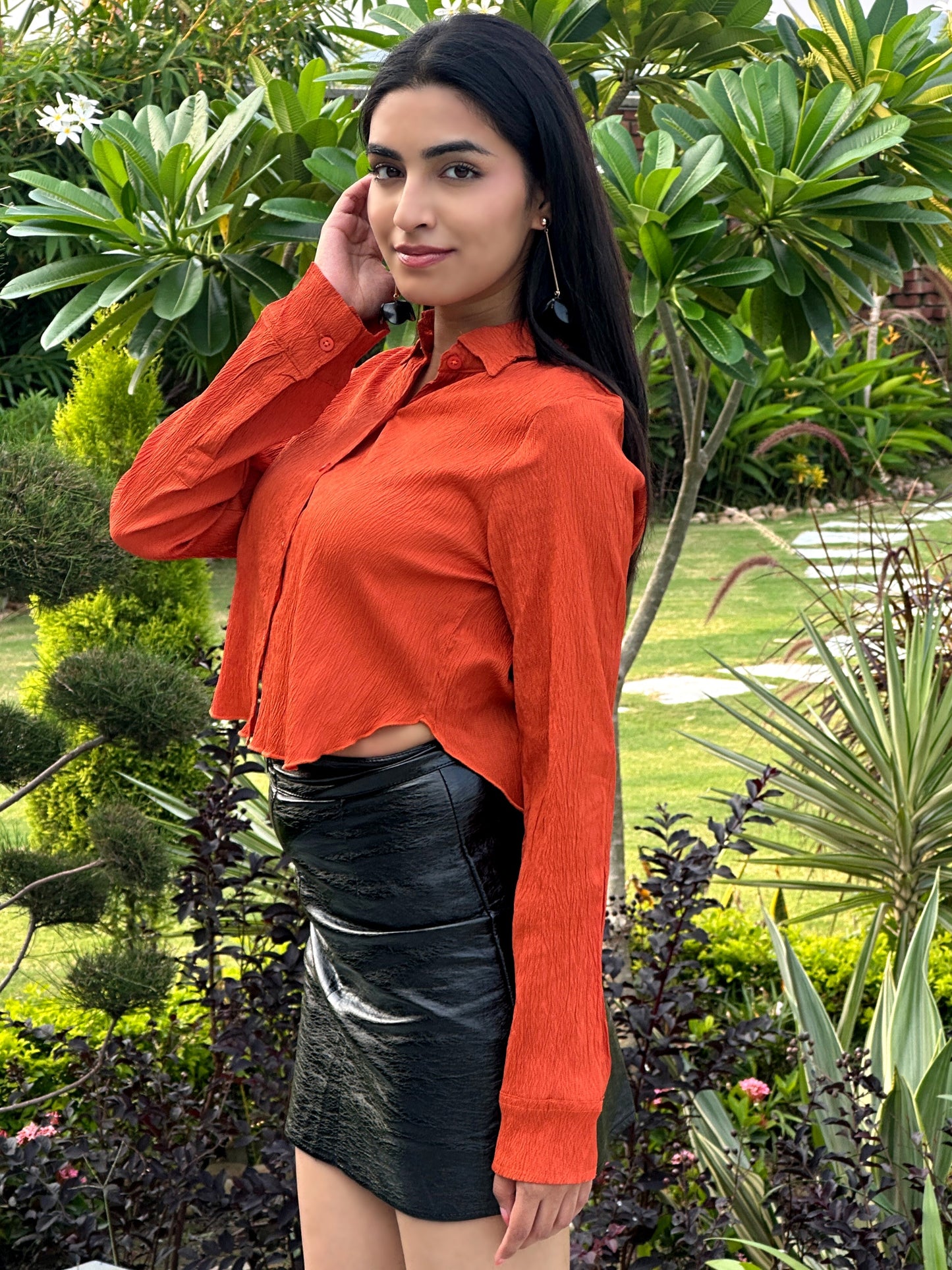 TANDUL Women Orange Solid Crop Shirt