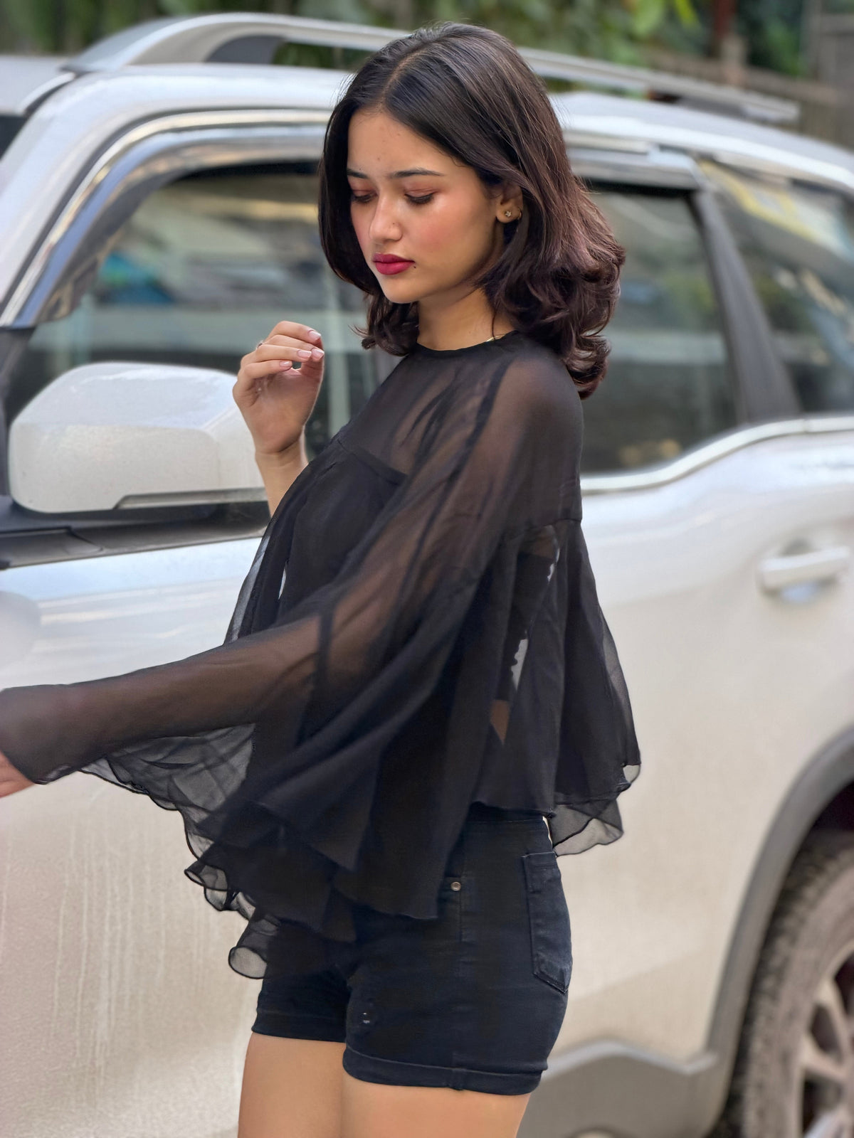 TANDUL Women's Black Sheer Cape Top
