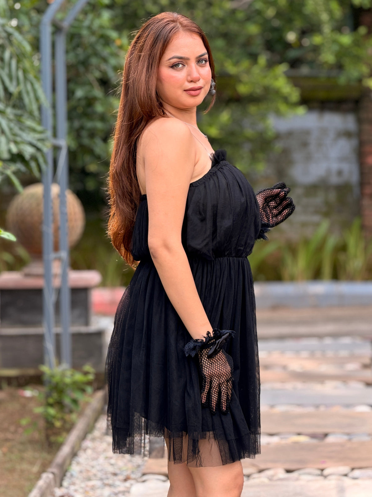 TANDUL Women Elegant Strapless Black Tulle Mini Dress