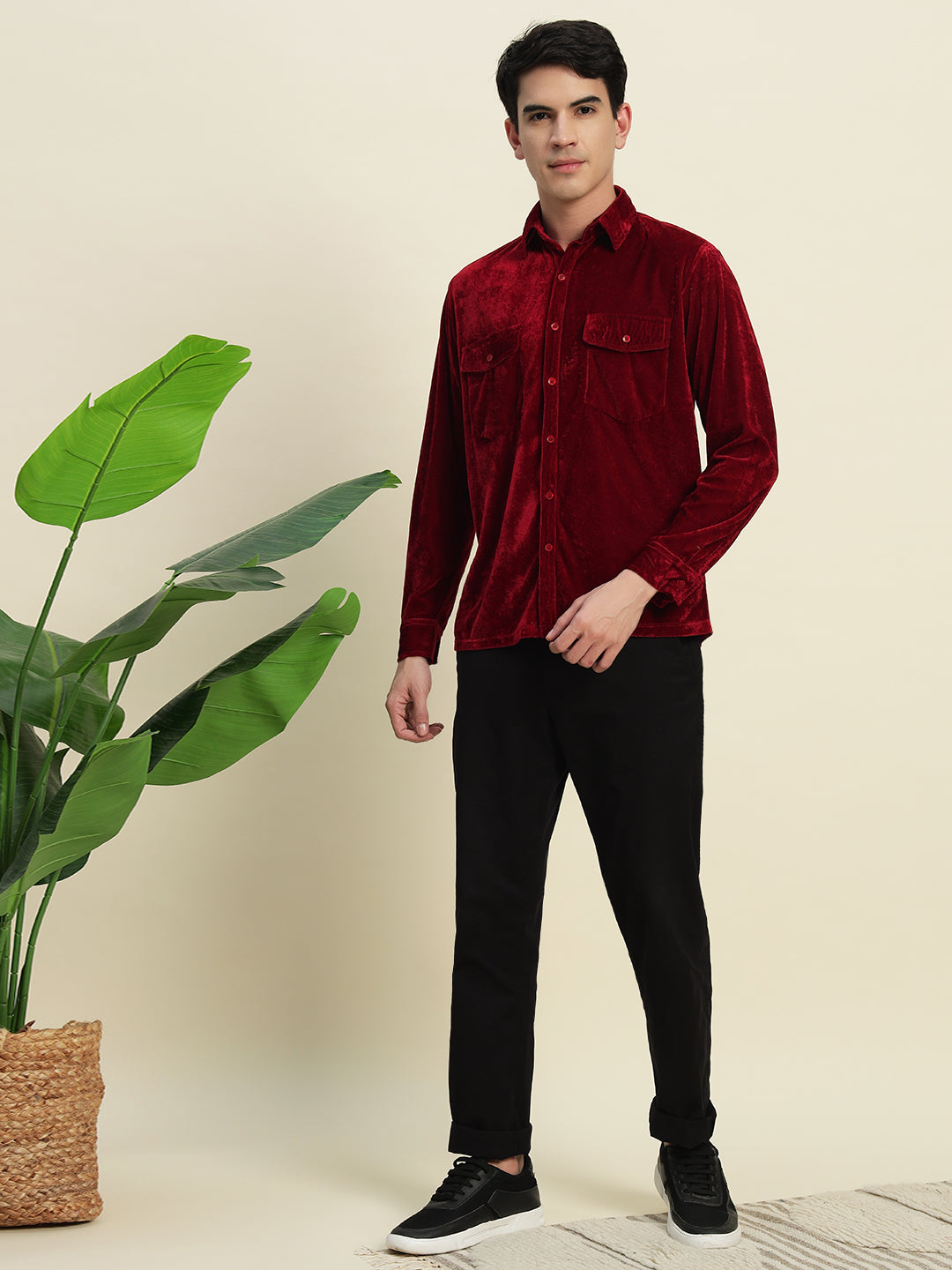 TANDUL Men's Maroon Velvet Shirt