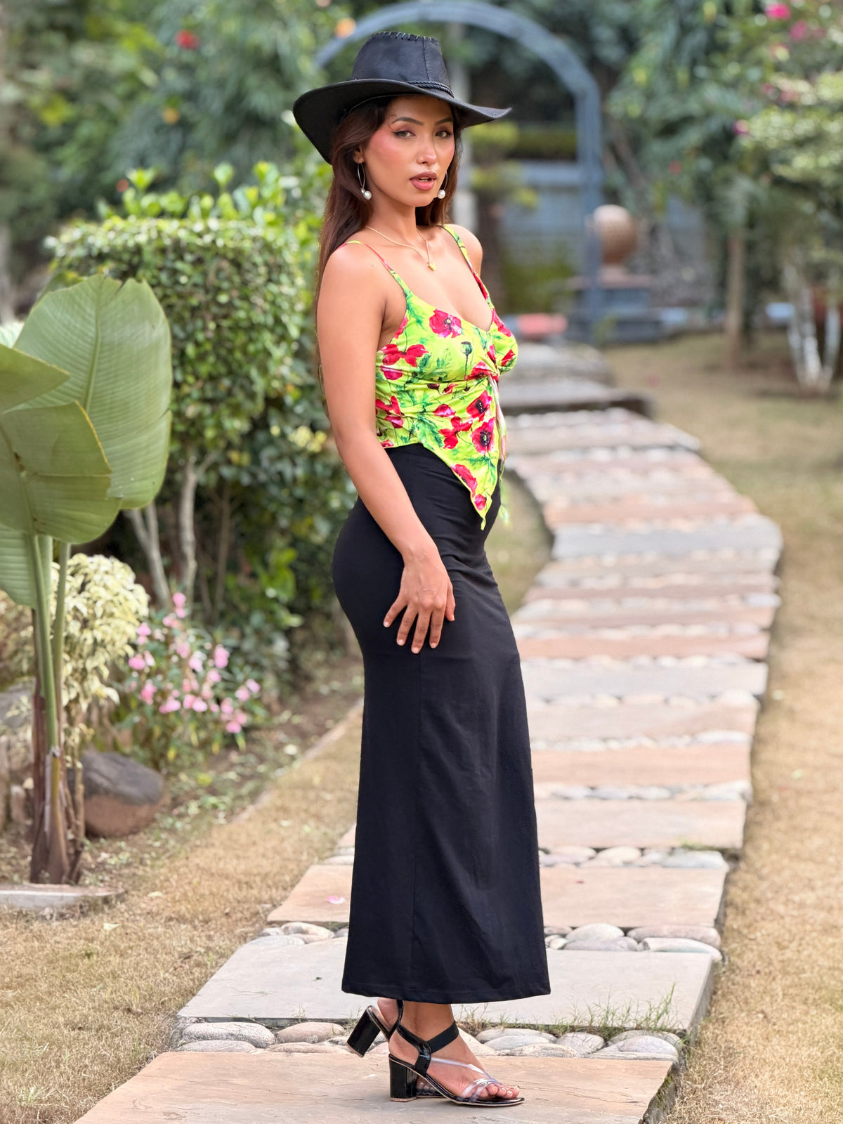 TANDUL Women Vibrant Lime & Red Floral Twist Crop Top