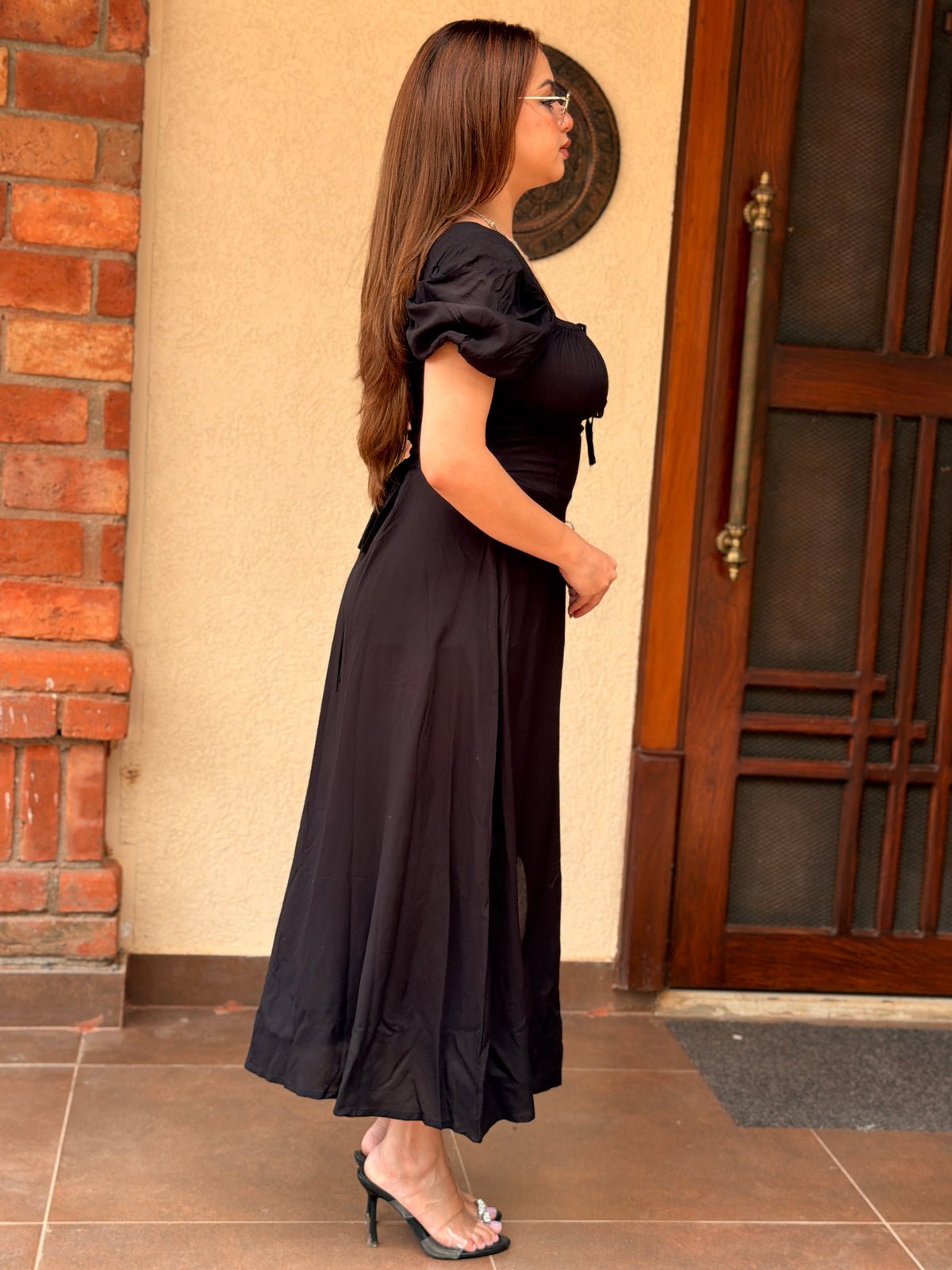 TANDUL Women Classic Black Lace-Up Corset Midi Dress