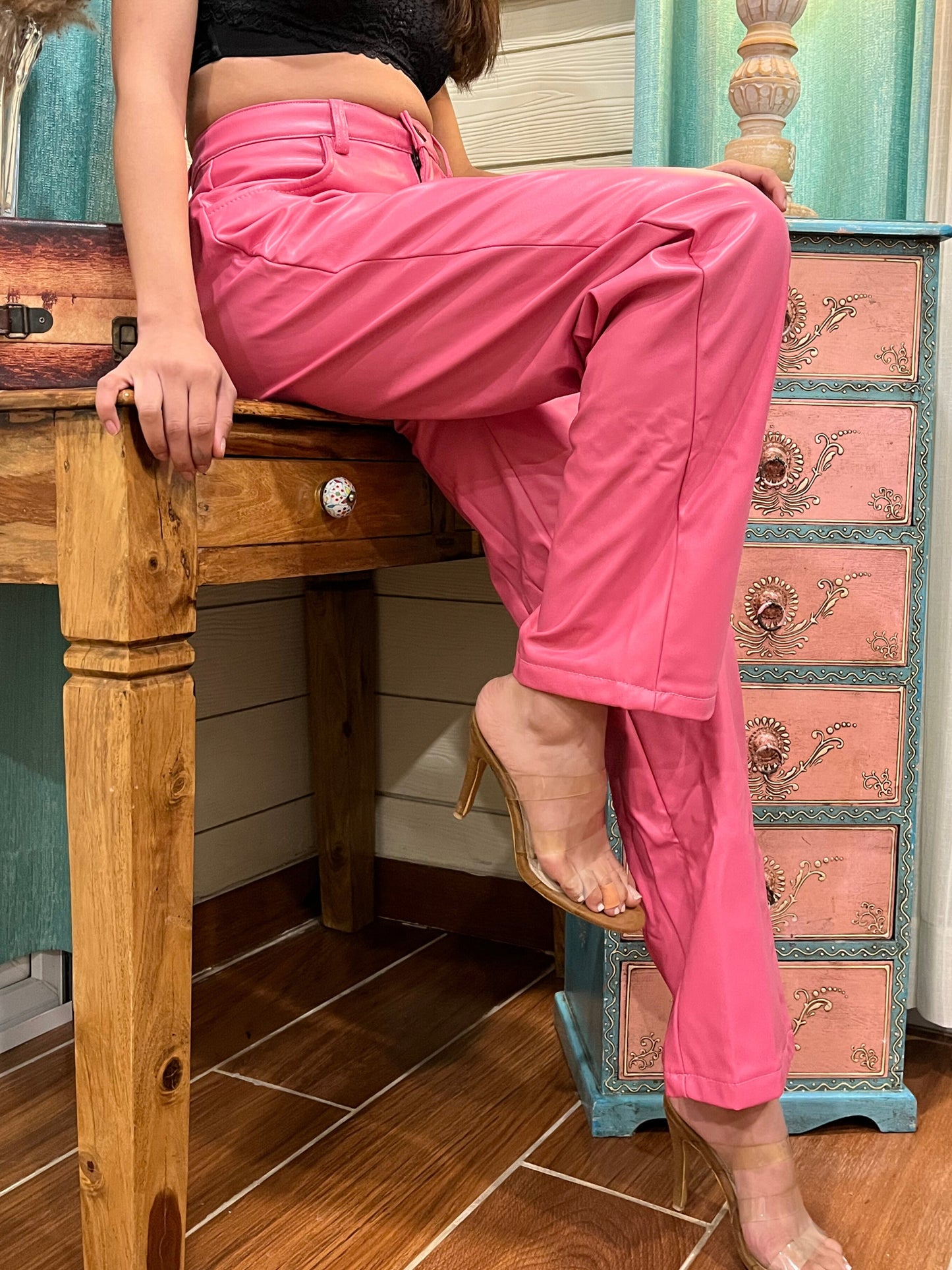 TANDUL Women Chic Leather Pink Trouser