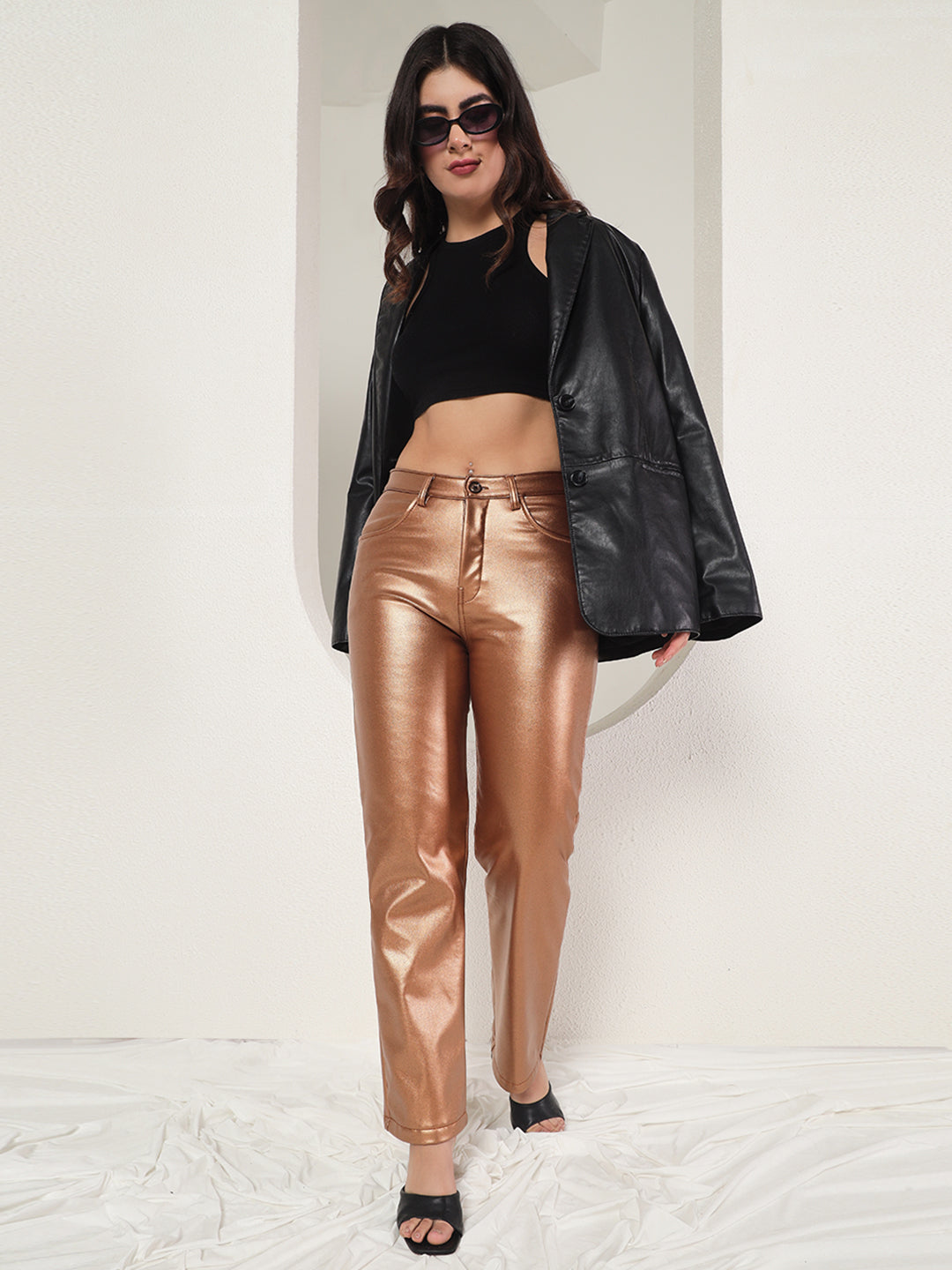 TANDUL  Women Regular Fit Gold Faux Leather Trousers
