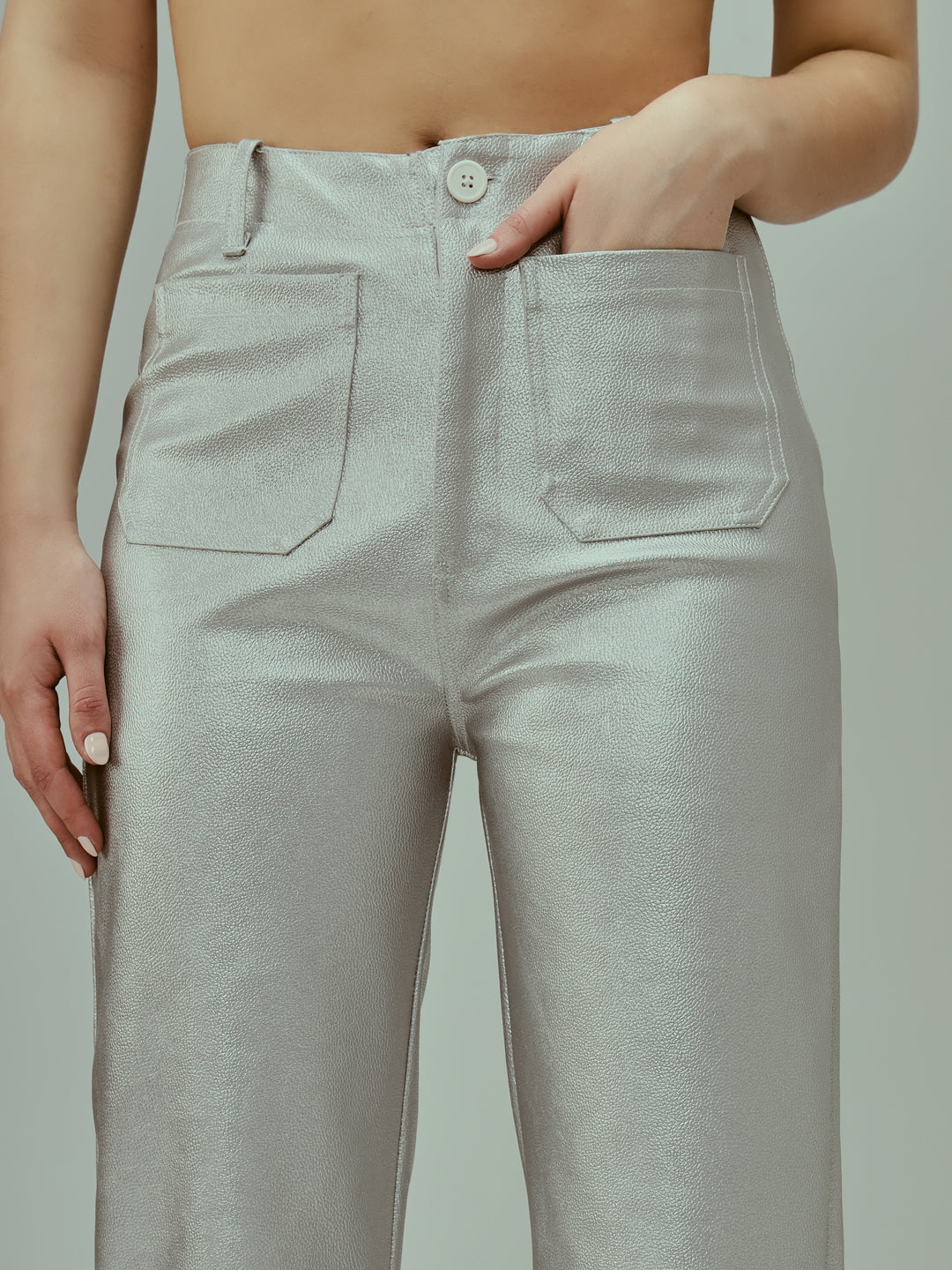 TANDUL Women Regular Fit Silver Faux Leather Trousers