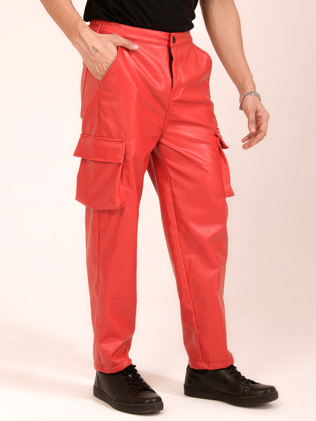 TANDUL  Men Regular Fit Red Faux Leather Trousers