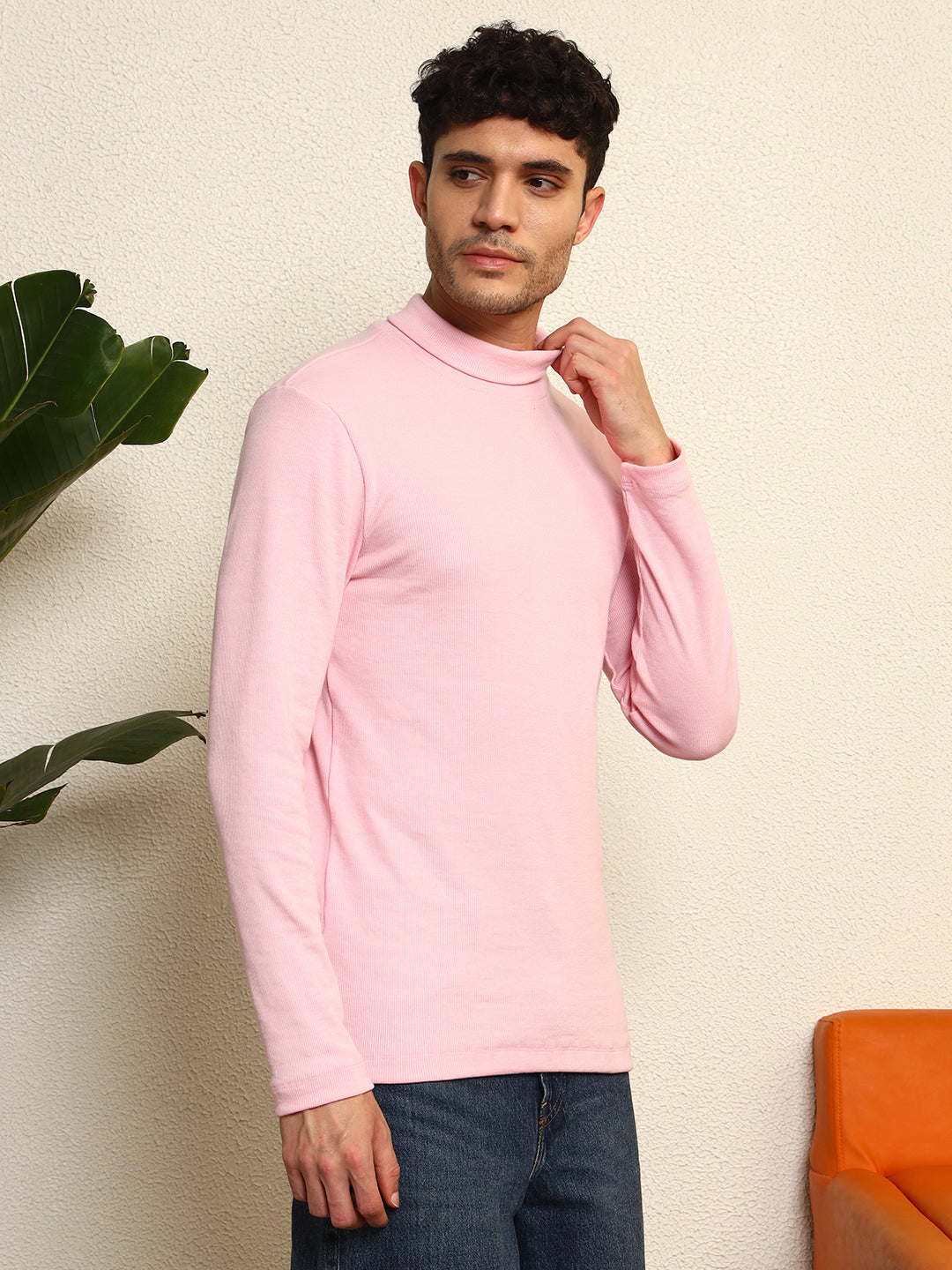 TANDUL  Men Solid Turtle Neck Pink Sweater