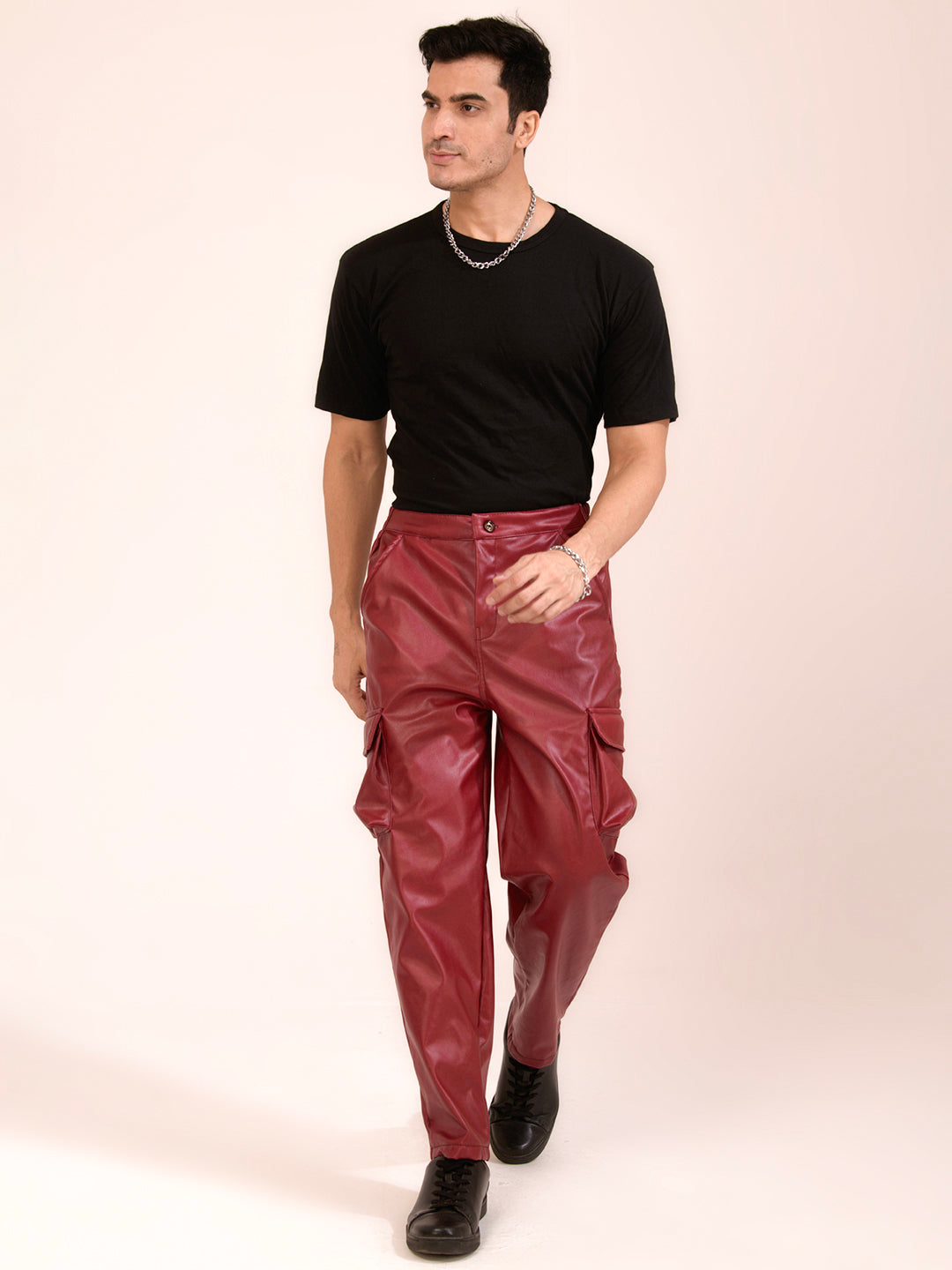 TANDUL  Men Regular Fit Maroon Faux Leather Trousers