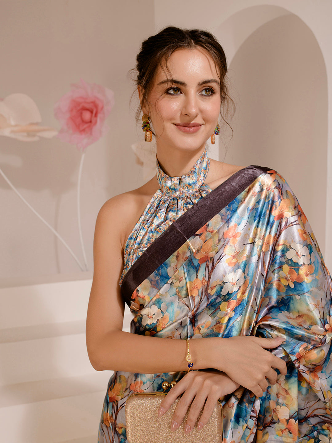 ELTIRE Floral Print Bollywood Satin Saree (Multicolor)