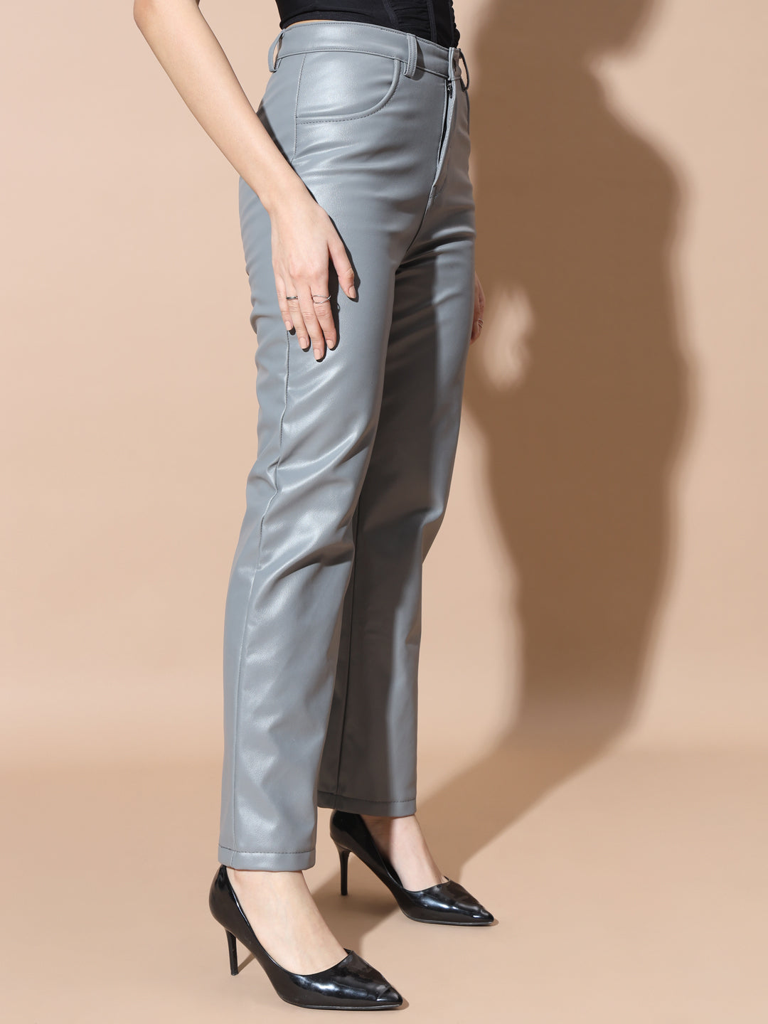 TANDUL Women Regular Fit Grey Faux Leather Trousers