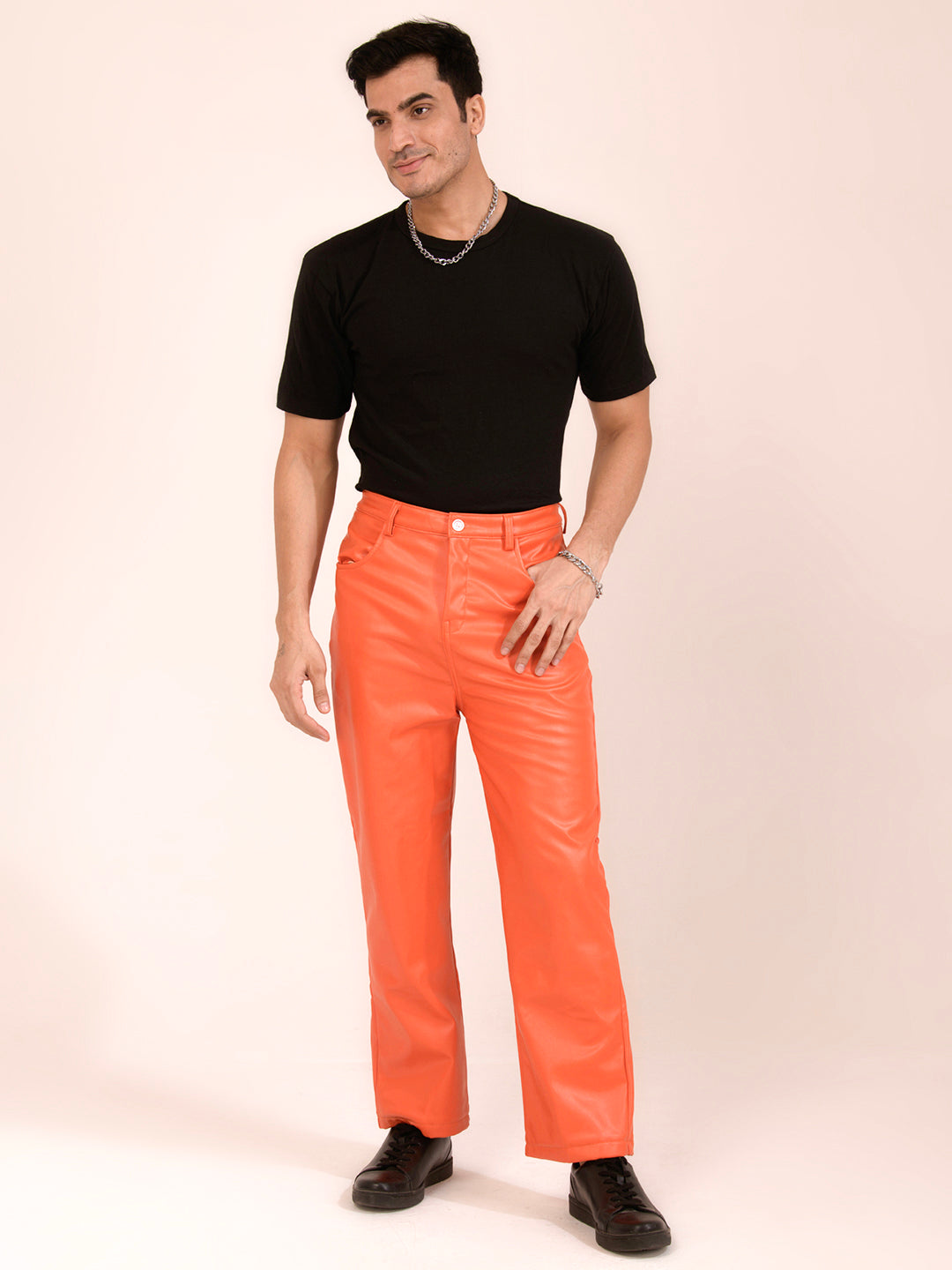 TANDUL  Men Regular Fit Orange Faux Leather Trousers