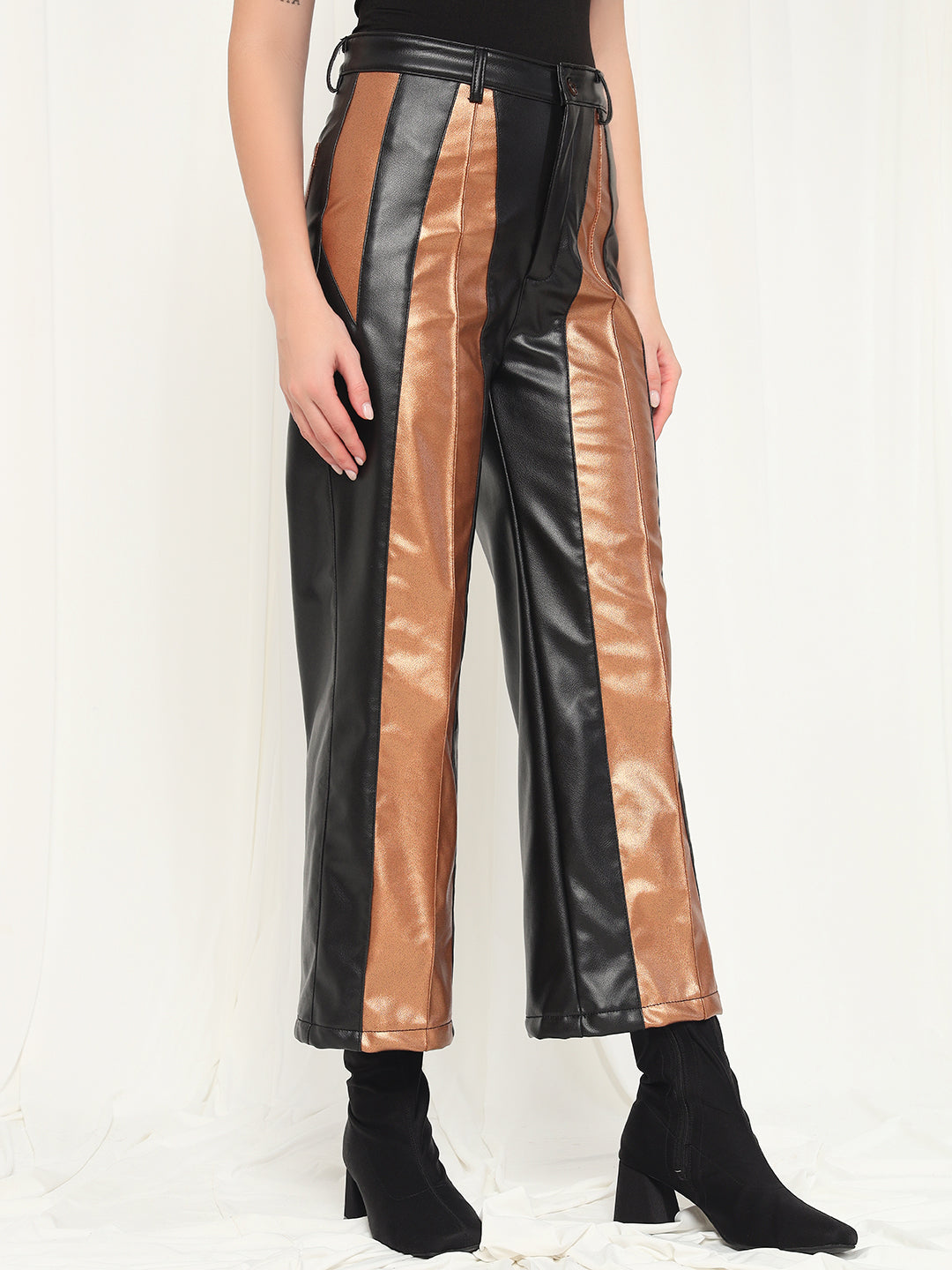 TANDUL  Women Regular Fit Gold Faux Leather Trousers