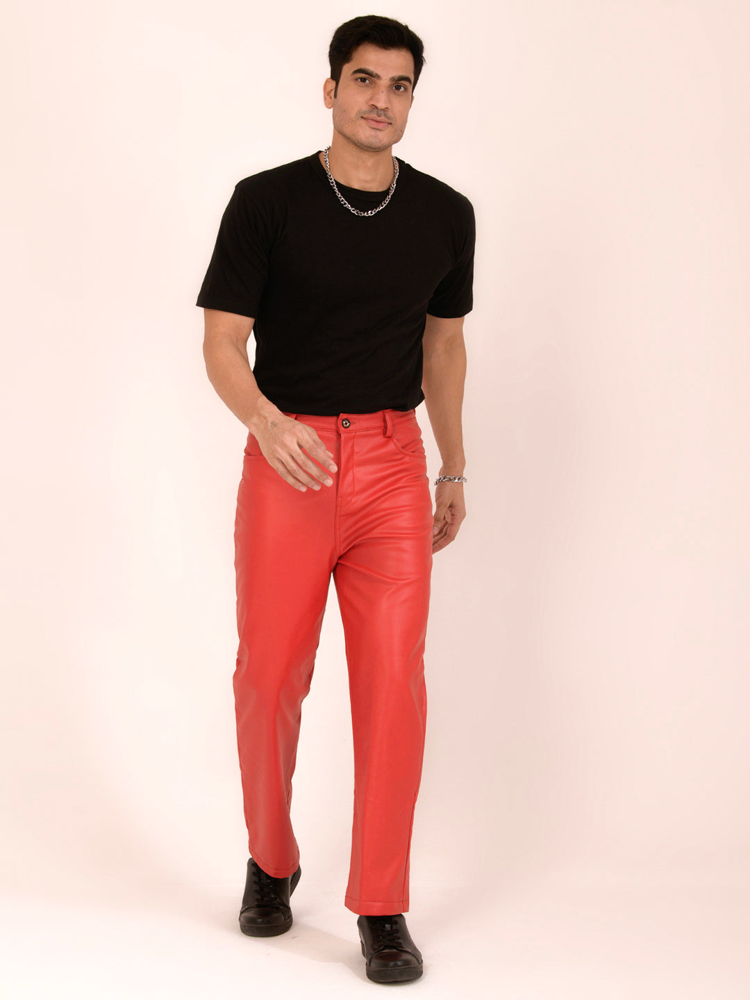 TANDUL  Men Regular Fit Red Faux Leather Trousers