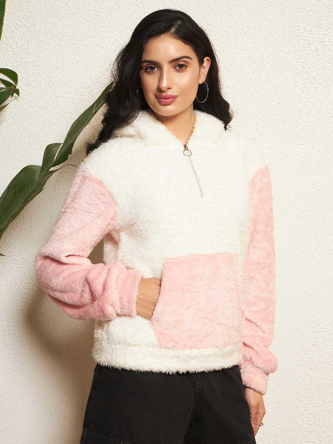 TANDUL Women Solid White and Pink Fur Hoodie