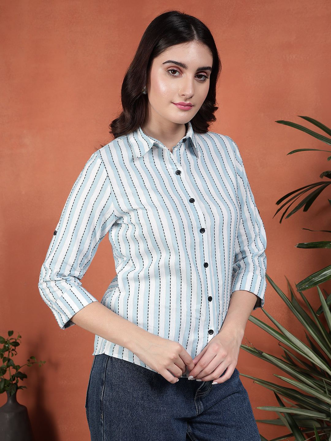 TANDUL Women Stylish Blue and White Striped Shirt