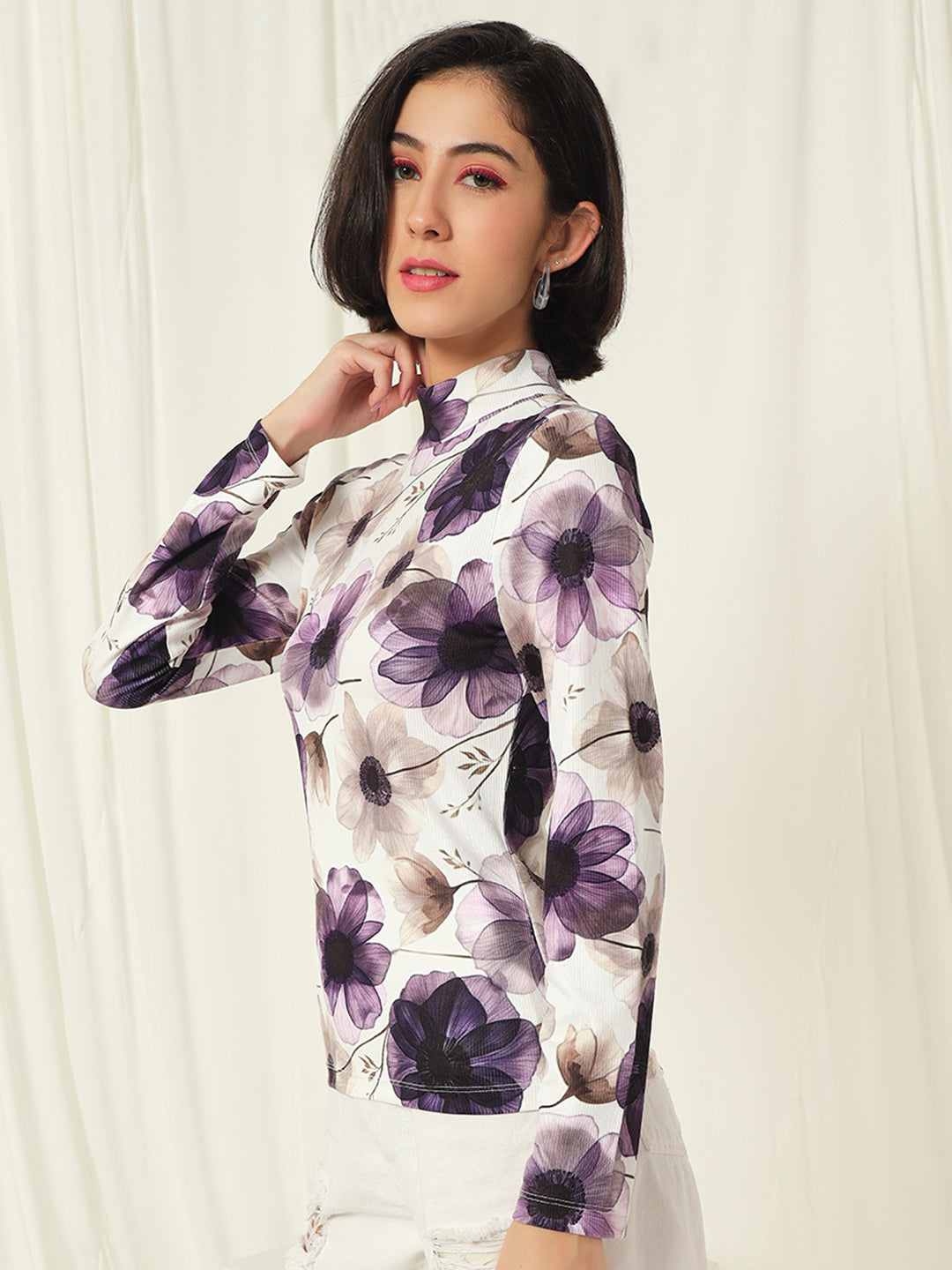 TANDUL  Women Floral Print High Neck White Sweater