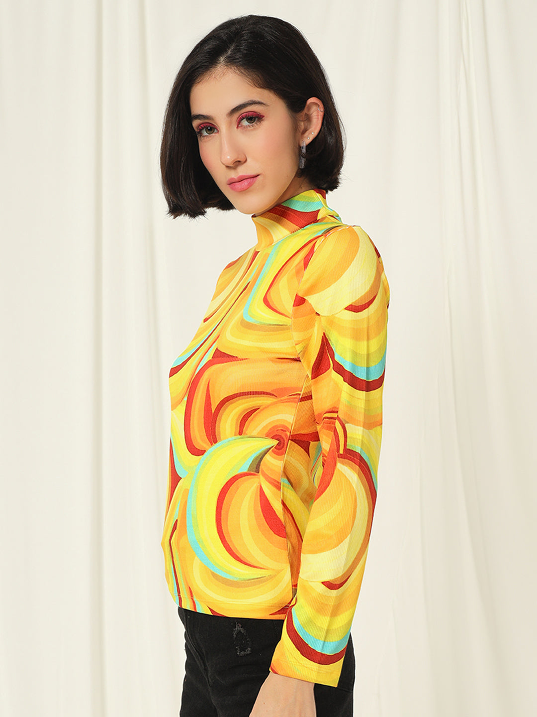 TANDUL  Women Printed High Neck Yellow Sweater