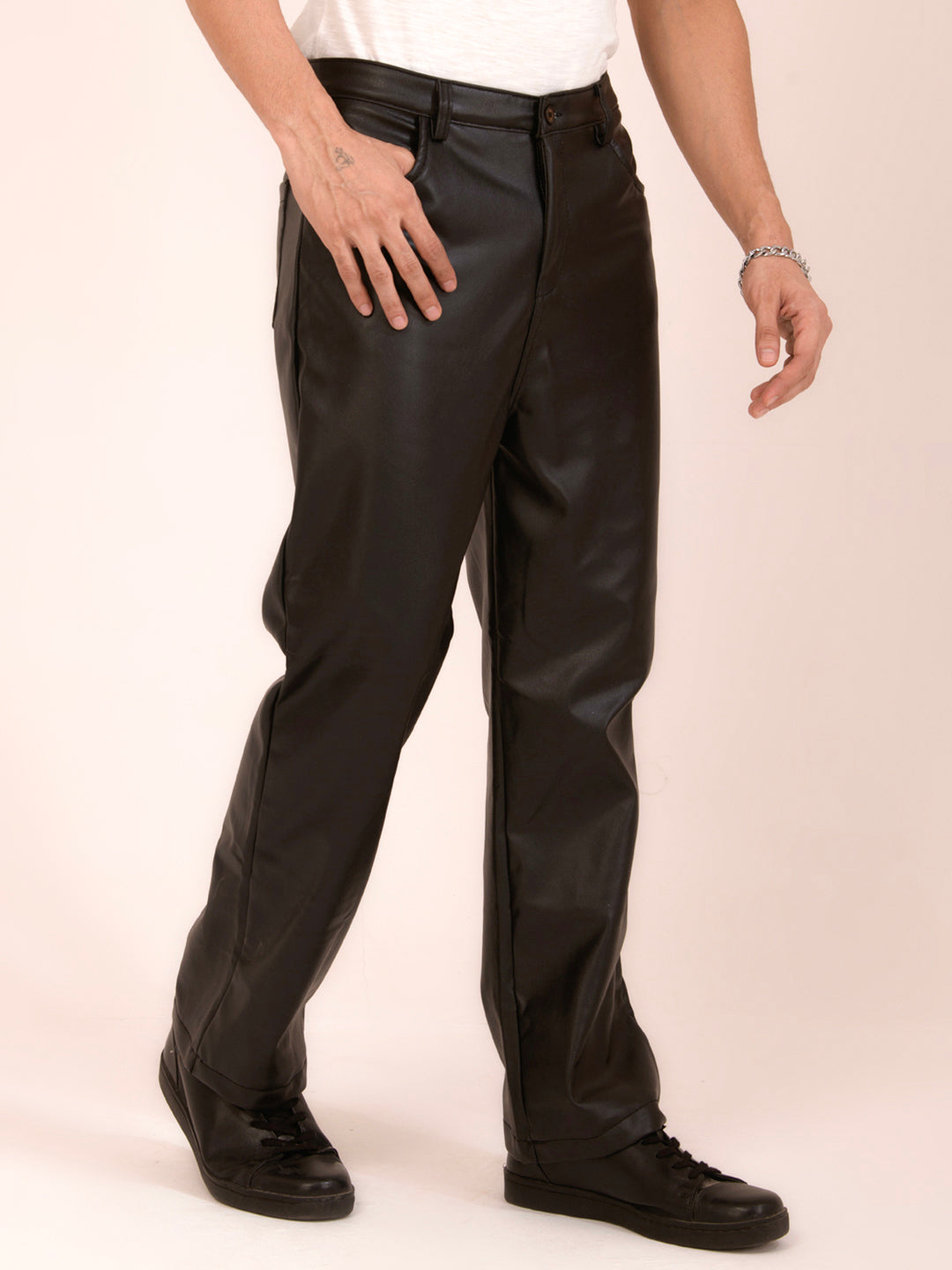 TANDUL  Men Regular Fit Brown Faux Leather Trousers