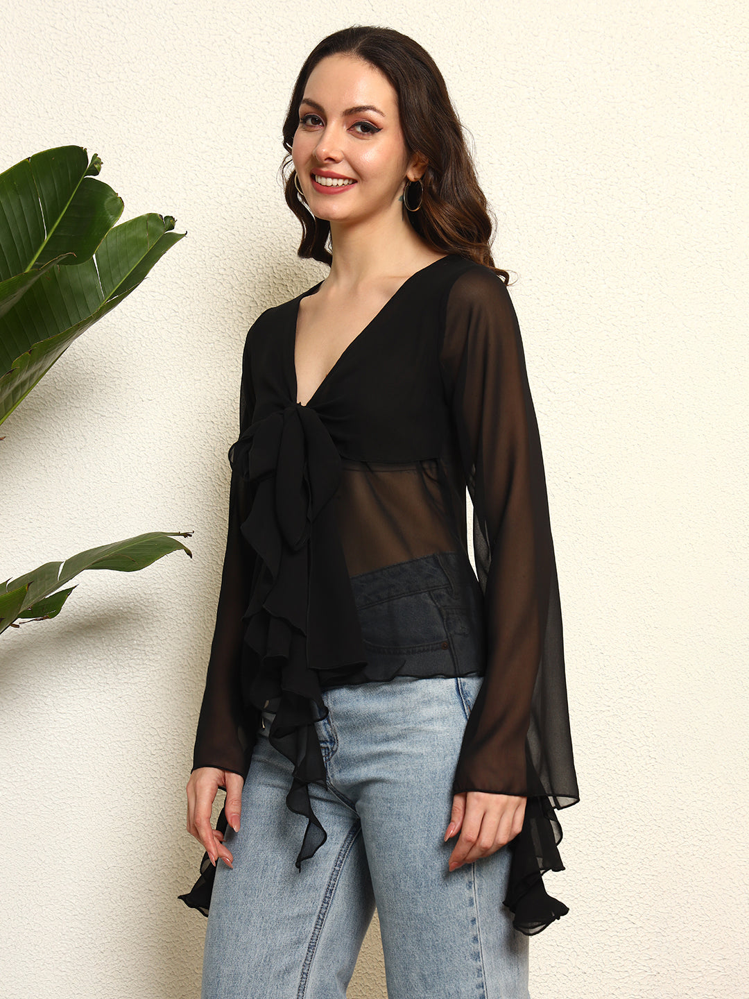 TANDUL Elegant Black Ruffled Top