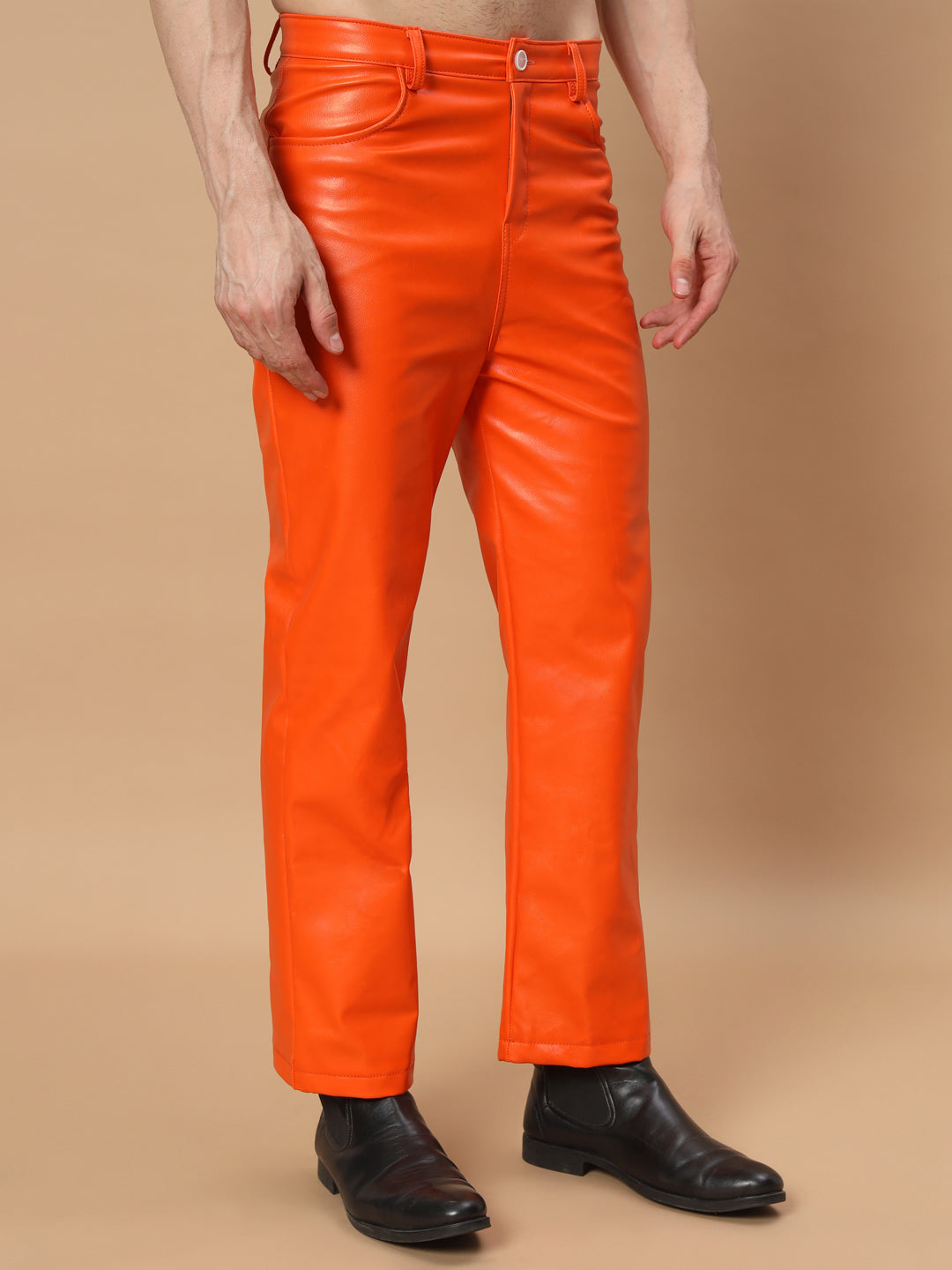 TANDUL  Men Regular Fit Orange Faux Leather Trousers