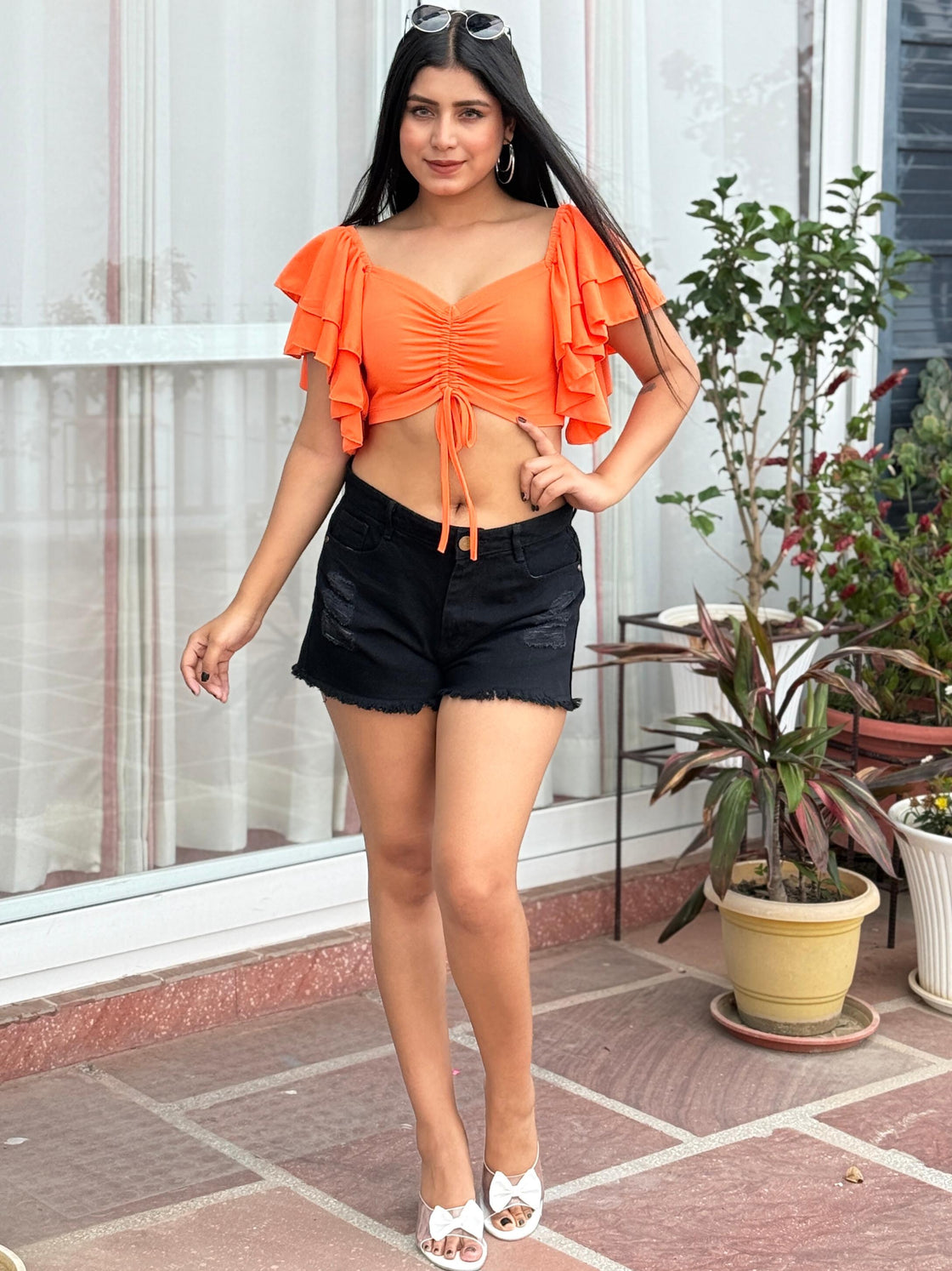 TANDUL Women Orange Top with Ruffled Sleeves