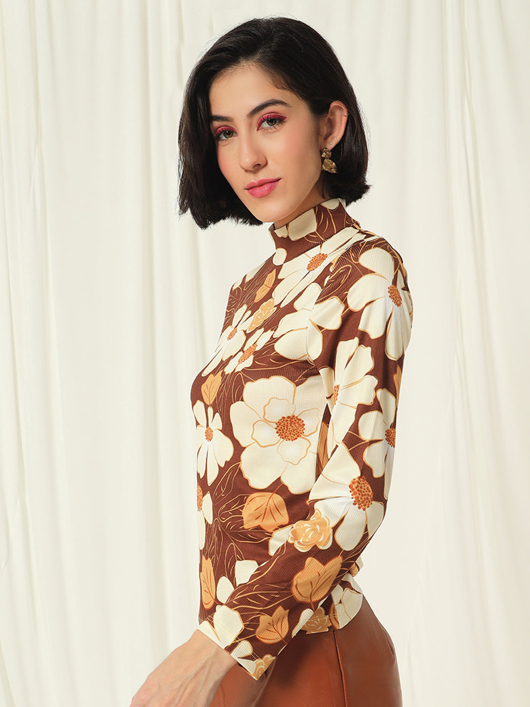 TANDUL  Women Floral Print High Neck Brown Sweater