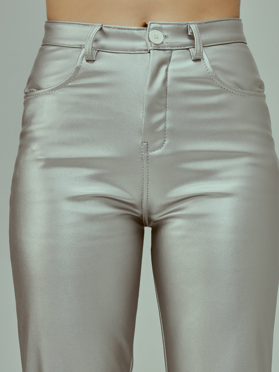 TANDUL Women Regular Fit Silver Faux Leather Trousers