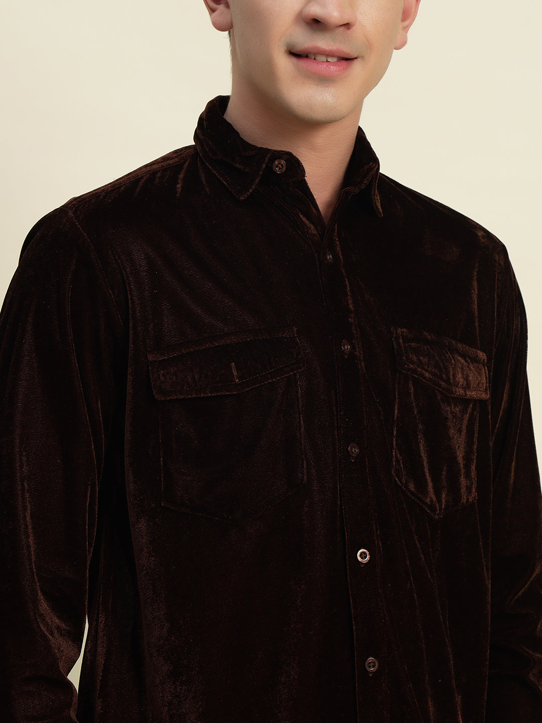 TANDUL Men's Brown Velvet Shirt