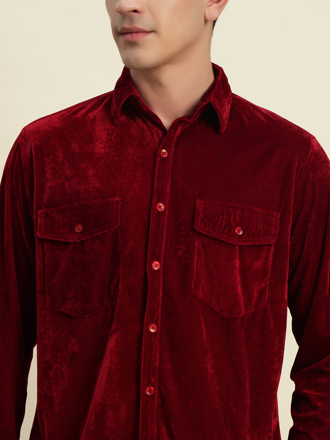 TANDUL Men's Maroon Velvet Shirt