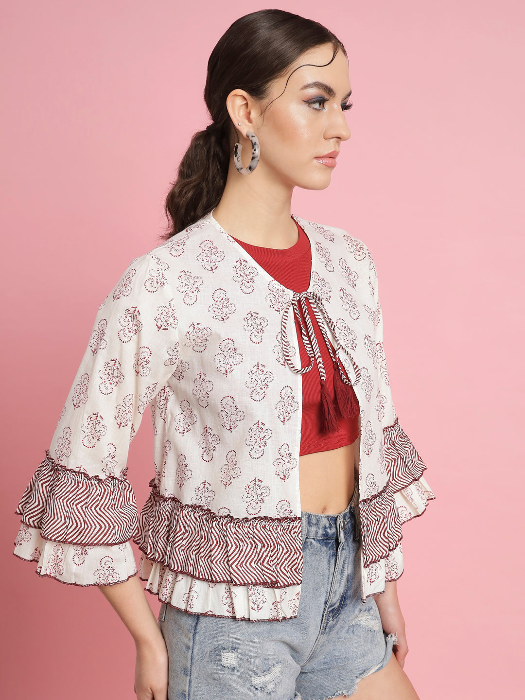 Casual Bell Sleeves Printed Women Multicolor Top