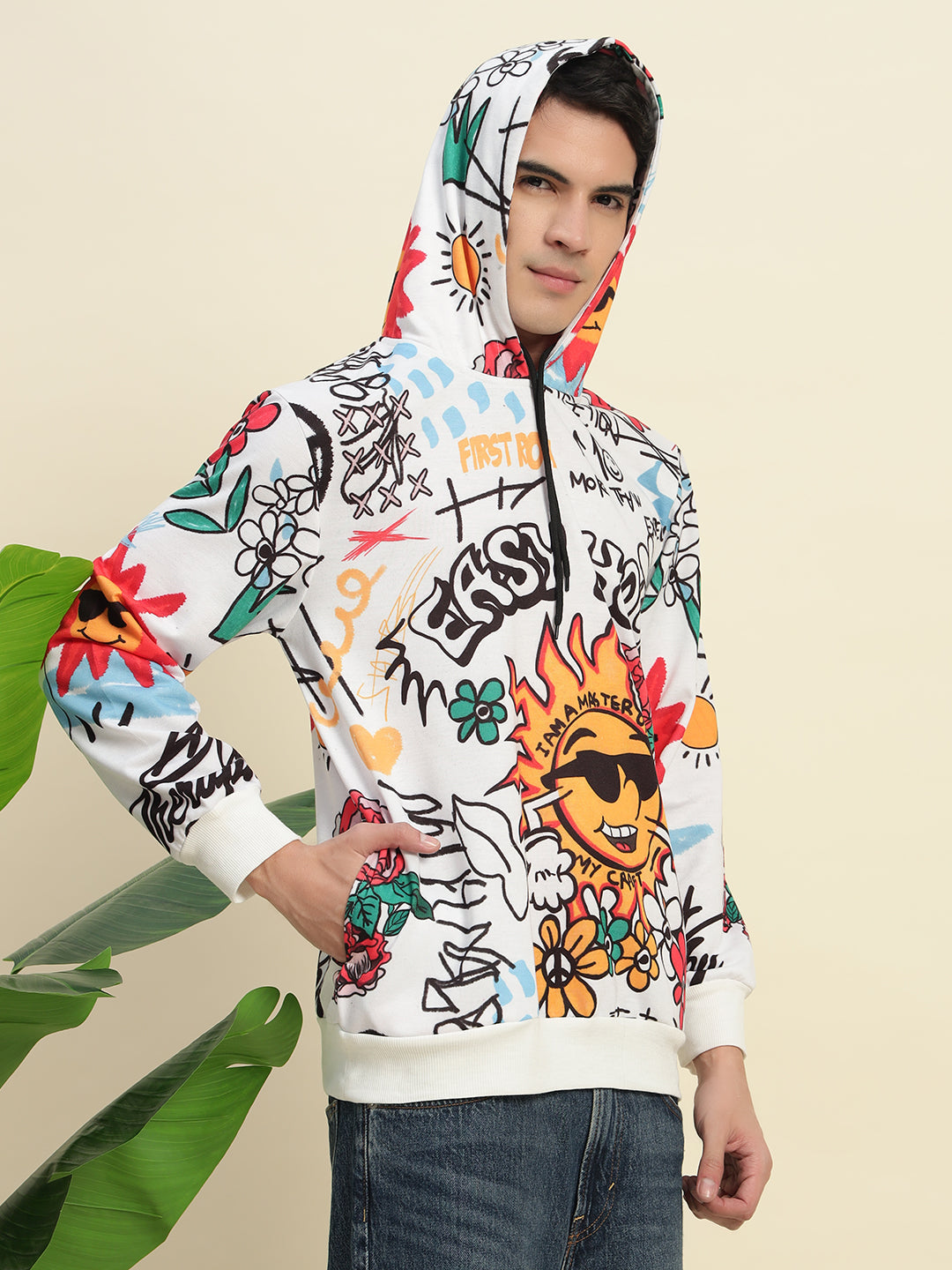 TANDUL Stylish Printed White Men's Hoodie