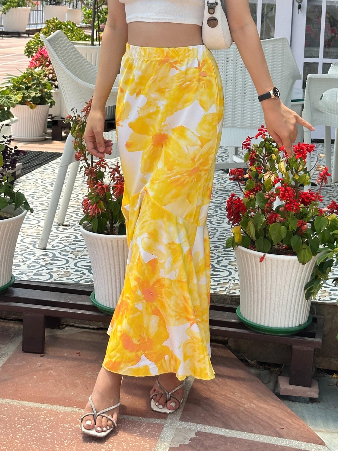 TANDUL Women Stunning Yellow and White Floral Skirt