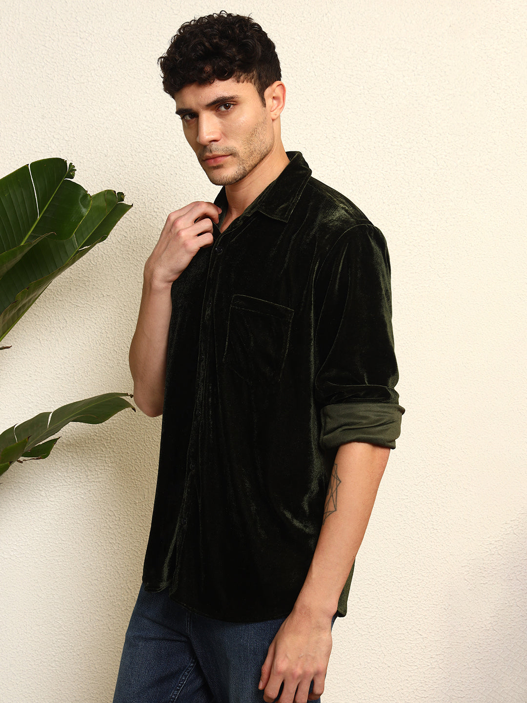 TANDUL Mens's Alluring Green Velvet Shirt
