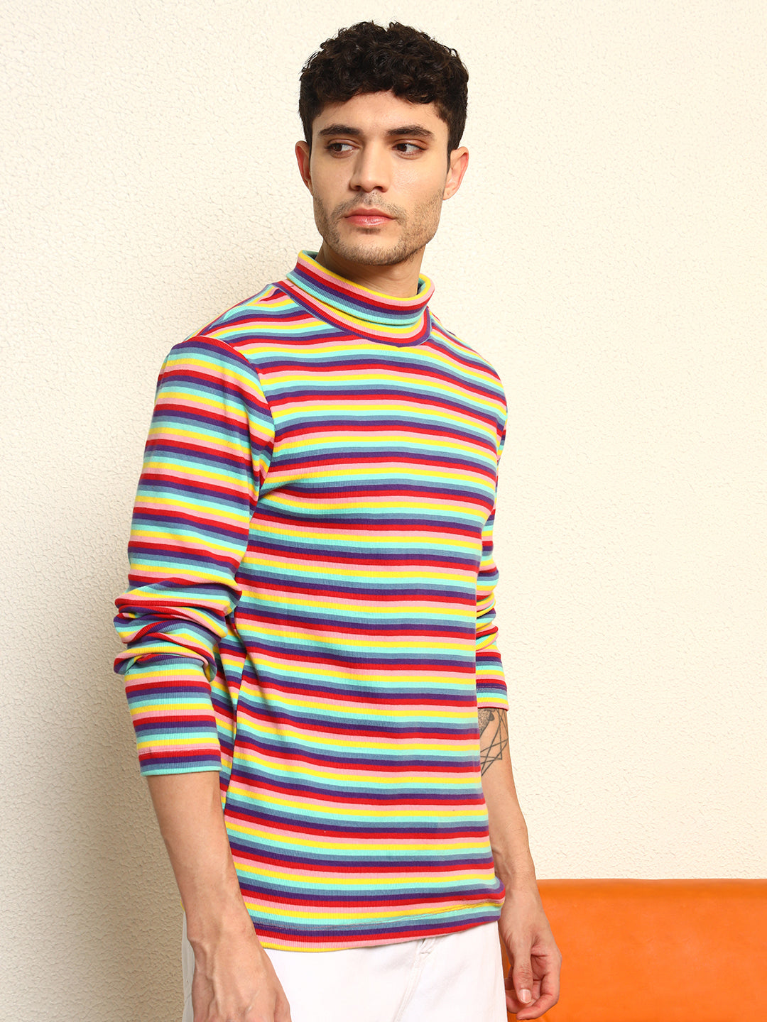 TANDUL Men's Vibrant Striped Highneck