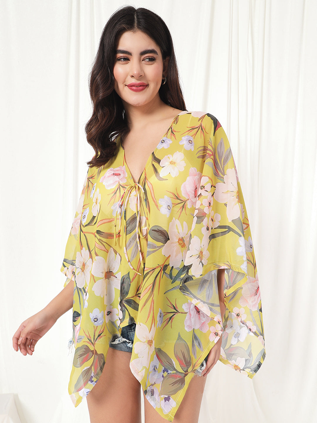 TANDUL  Women Kimono Style 3/4th Sleeve Yellow Shrug
