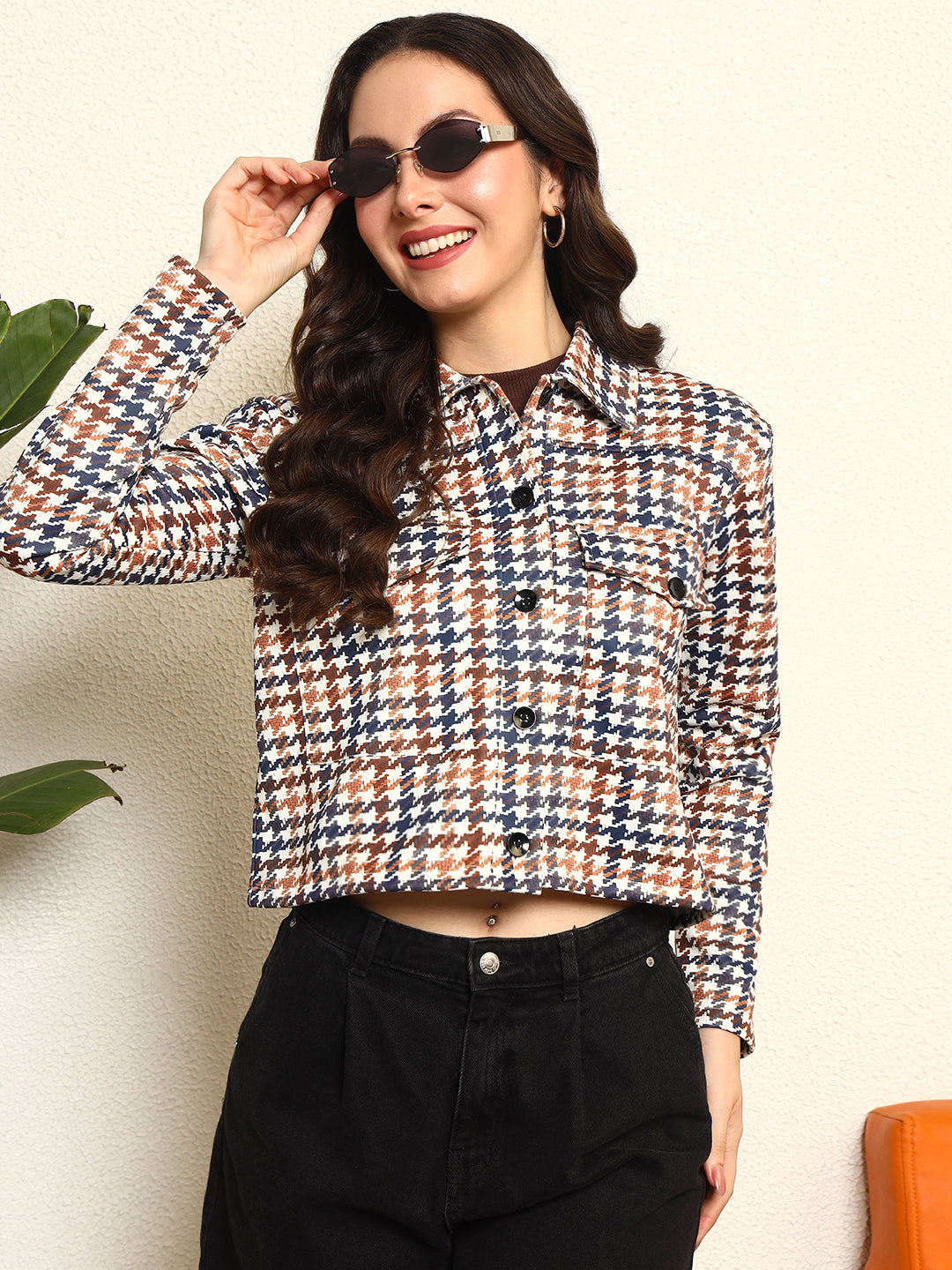 TANDUL Women Houndstooth Fleece Jacket