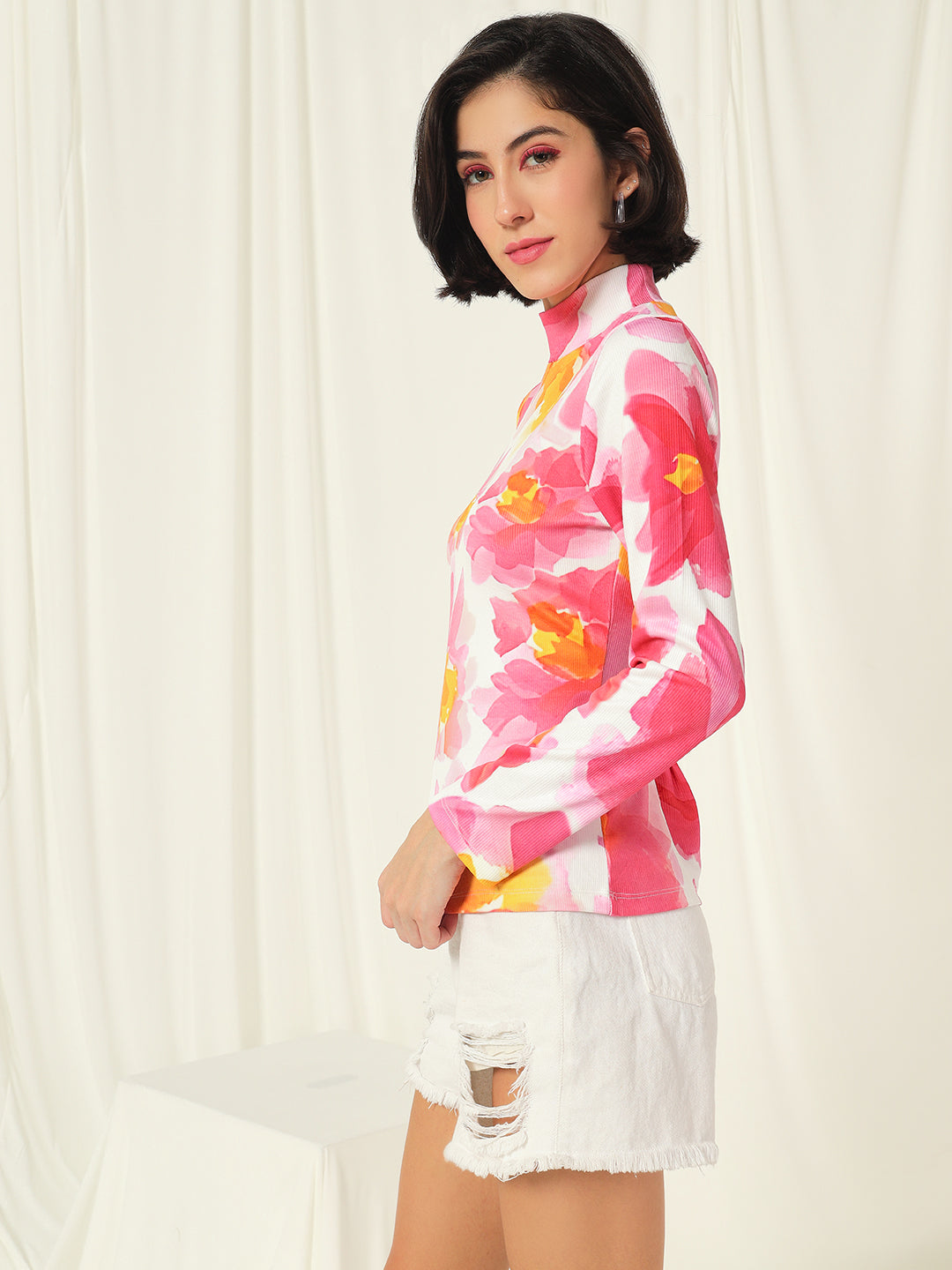 TANDUL  Women Floral Print High Neck White Sweater