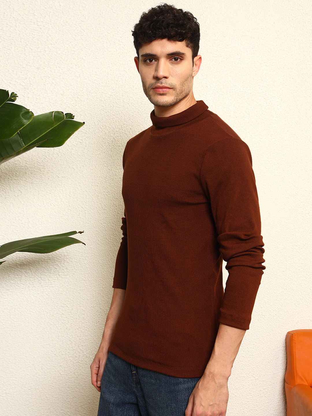 TANDUL Men's Solid Brown Highneck