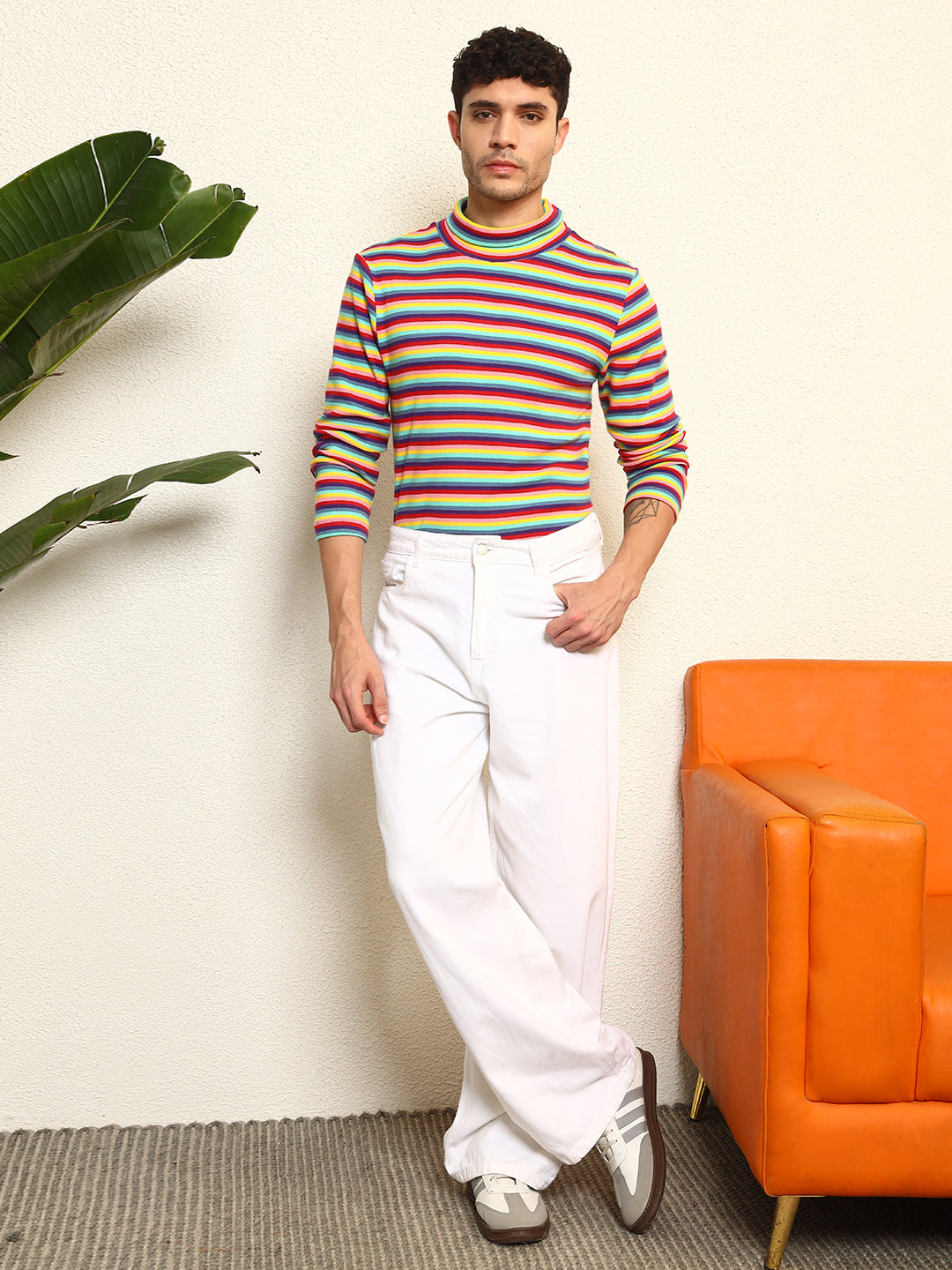 TANDUL Men's Vibrant Striped Highneck