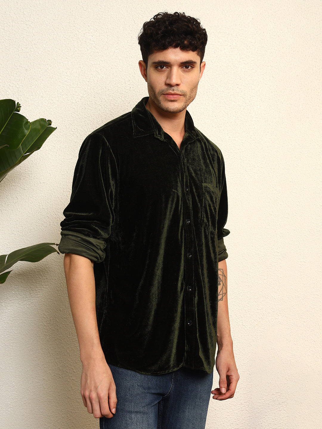 TANDUL Mens's Alluring Green Velvet Shirt