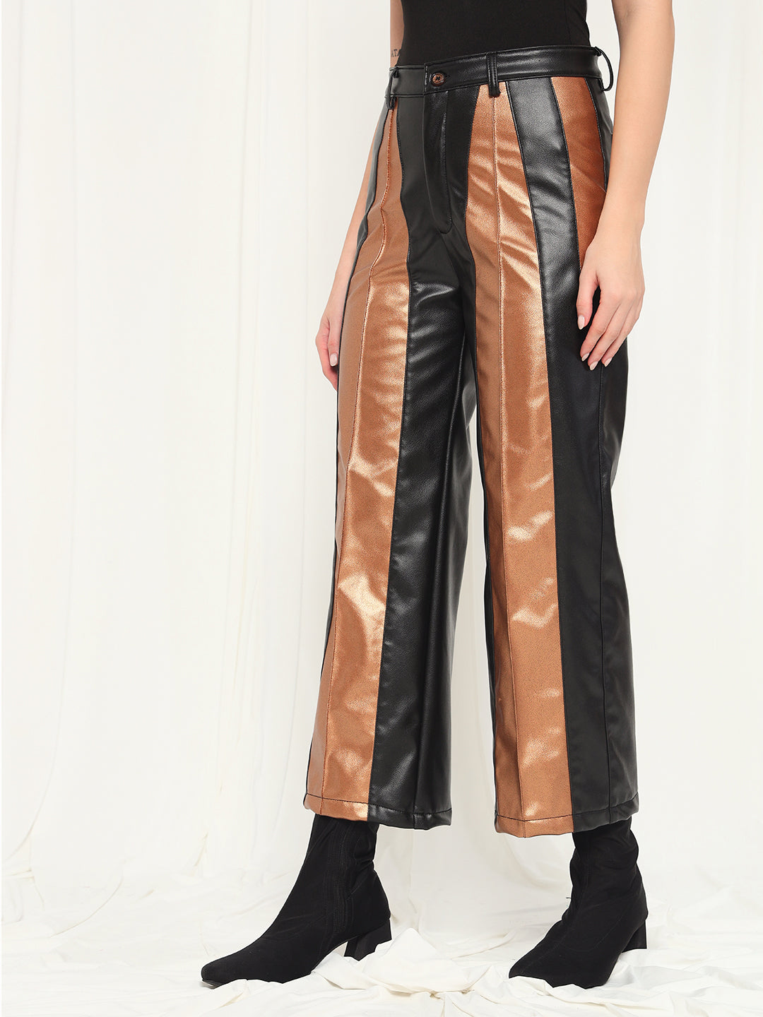 TANDUL  Women Regular Fit Gold Faux Leather Trousers