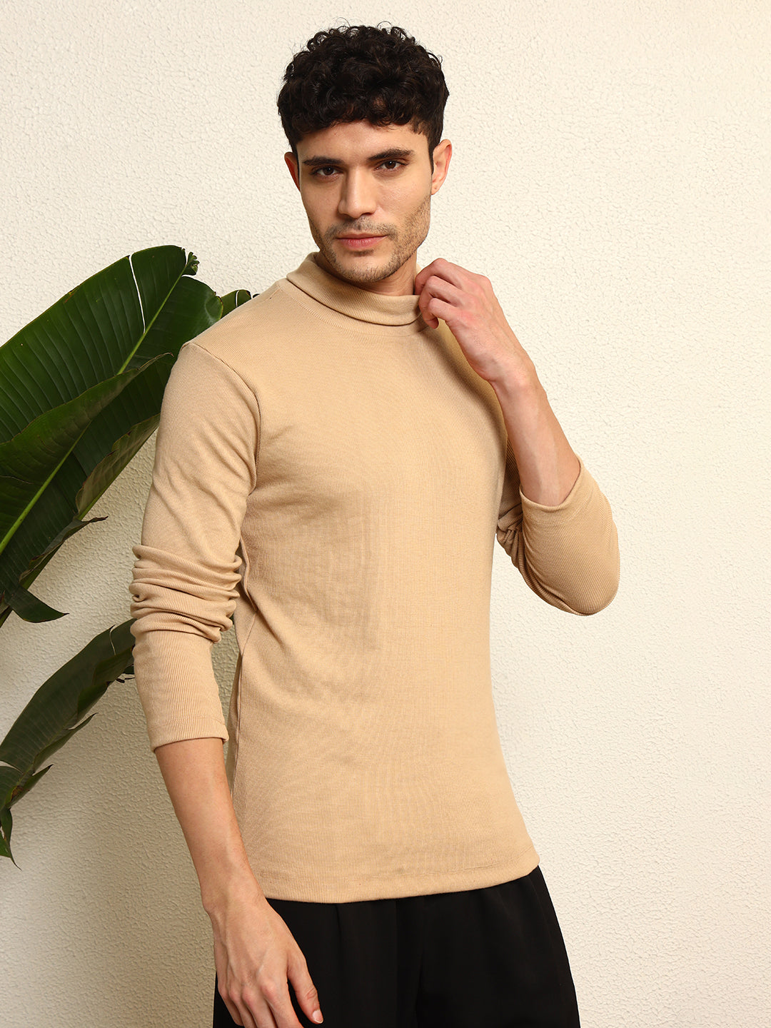 TANDUL Men Solid Turtle Neck Beige Sweater